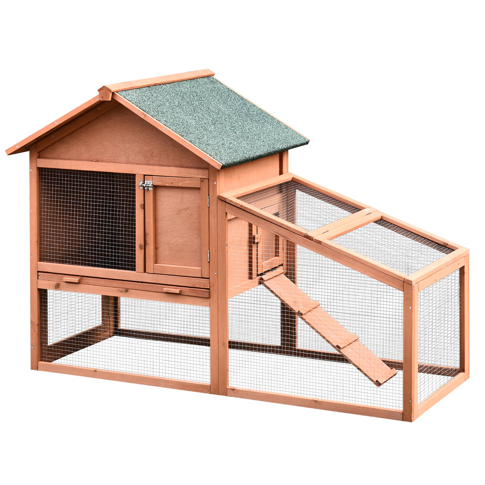 PawHut 2 Tier Rabbit Hutch Outdoor, Guinea Pig Hutch, Solid Wood Bunny House, Water Resistant Asphalt Roof Ramp Sliding tray 144 x 64.5 x 100 cm - North Peak Garden Furniture
