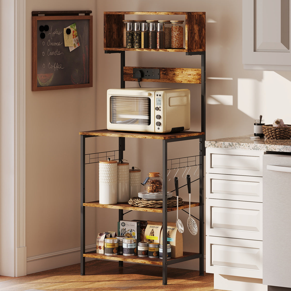 HOMCOM Bakers Rack with Power Outlet, USB Charger, Microwave Stand with Adjustable Shelves, 5 Hooks for Small Spaces, Kitchen Storage Unit for Spices, Pots and Pans, Rustic Brown