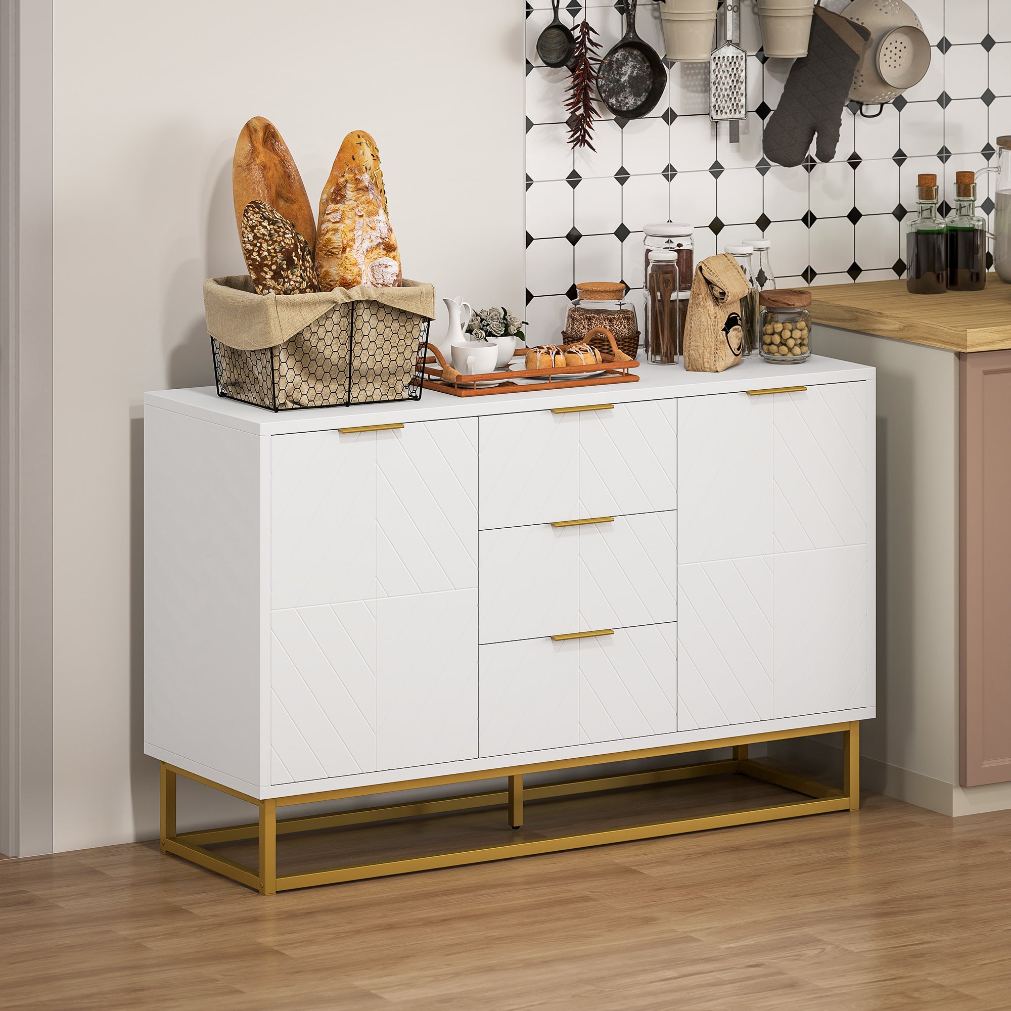 HOMCOM Modern Storage Cabinet Freestanding Cupboard with 3 Drawers for Dining Room, Living Room