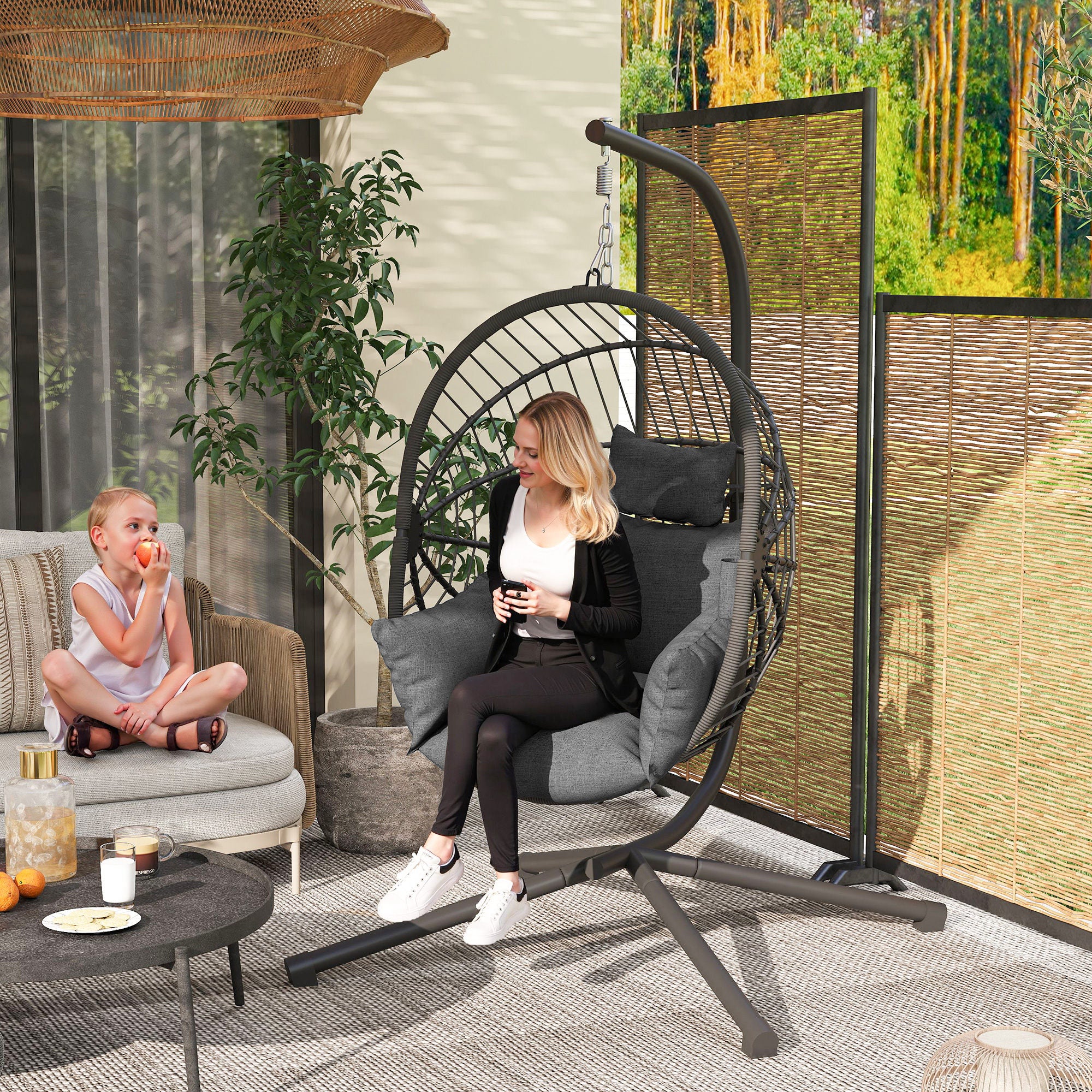 Outsunny Metal Stand Hanging Egg Chair, with Full Body Padded Seat - Grey - North Peak Garden Furniture