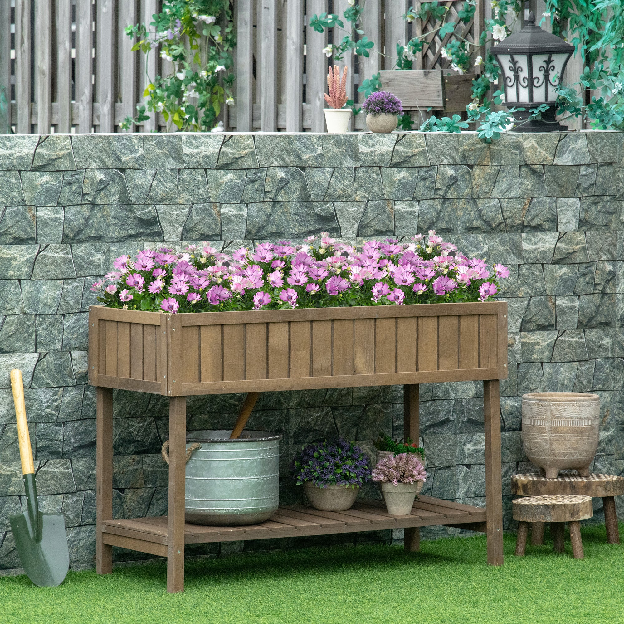 Outsunny Wooden Herb Planter Raised Bed Container Garden Plant Stand Bed 8 Boxes 110L x 46W x 76Hcm Brown - North Peak Garden Furniture