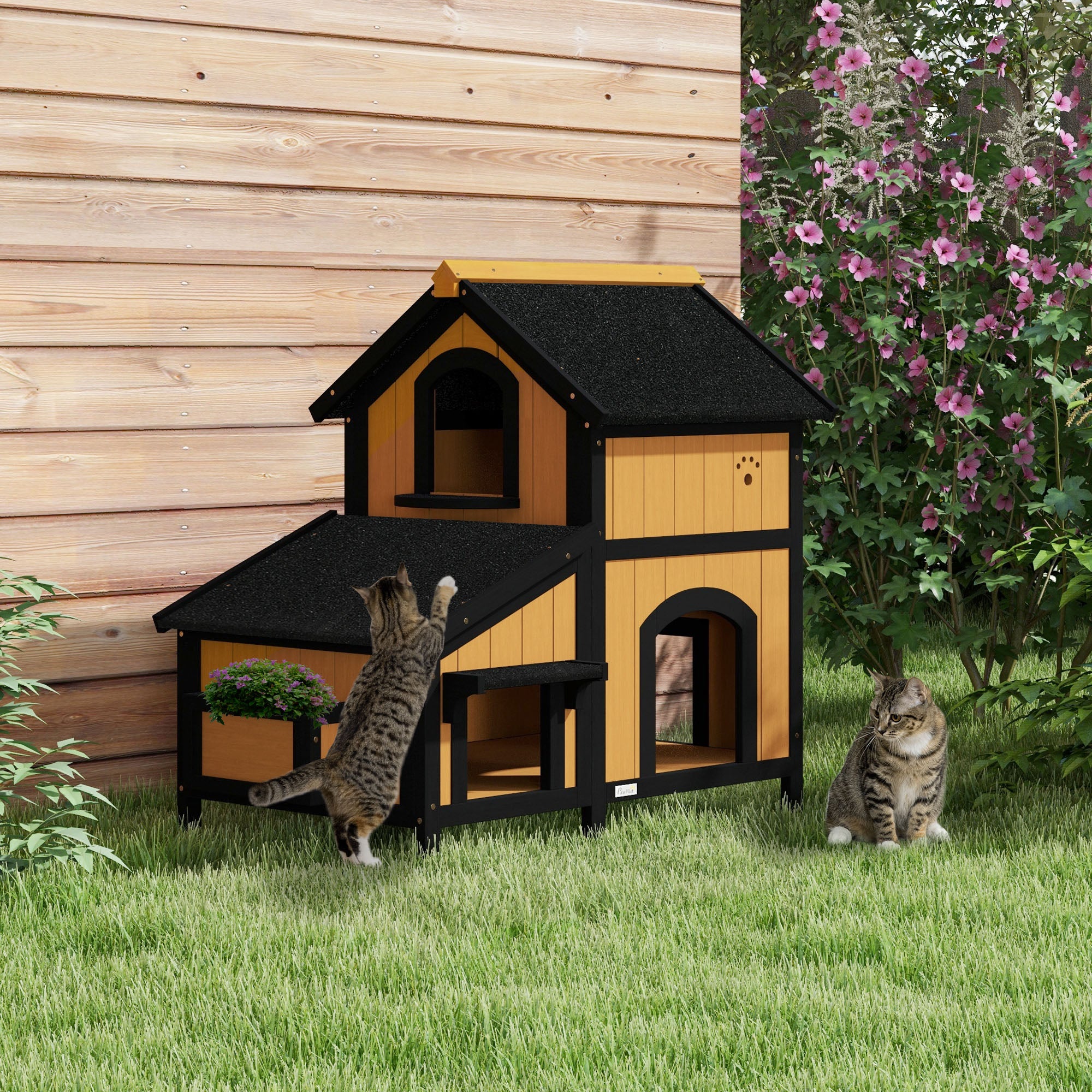 PawHut Wooden Cat House with Flower Pot, Windows, Multiple Entrances, Water-Resistant Roof for Outdoor - Yellow - North Peak Garden Furniture