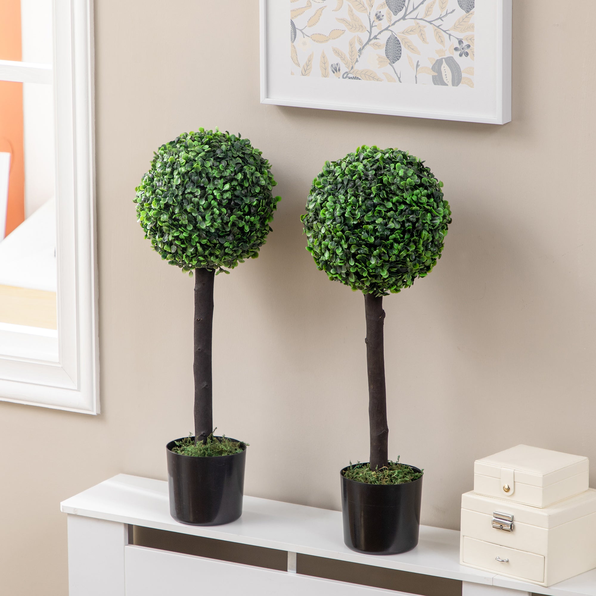 HOMCOM Set of 2 Artificial Plants Boxwood Ball Trees in Pot Fake Plants for Home Indoor Outdoor Decor, 20x20x60cm, Green - North Peak Garden Furniture