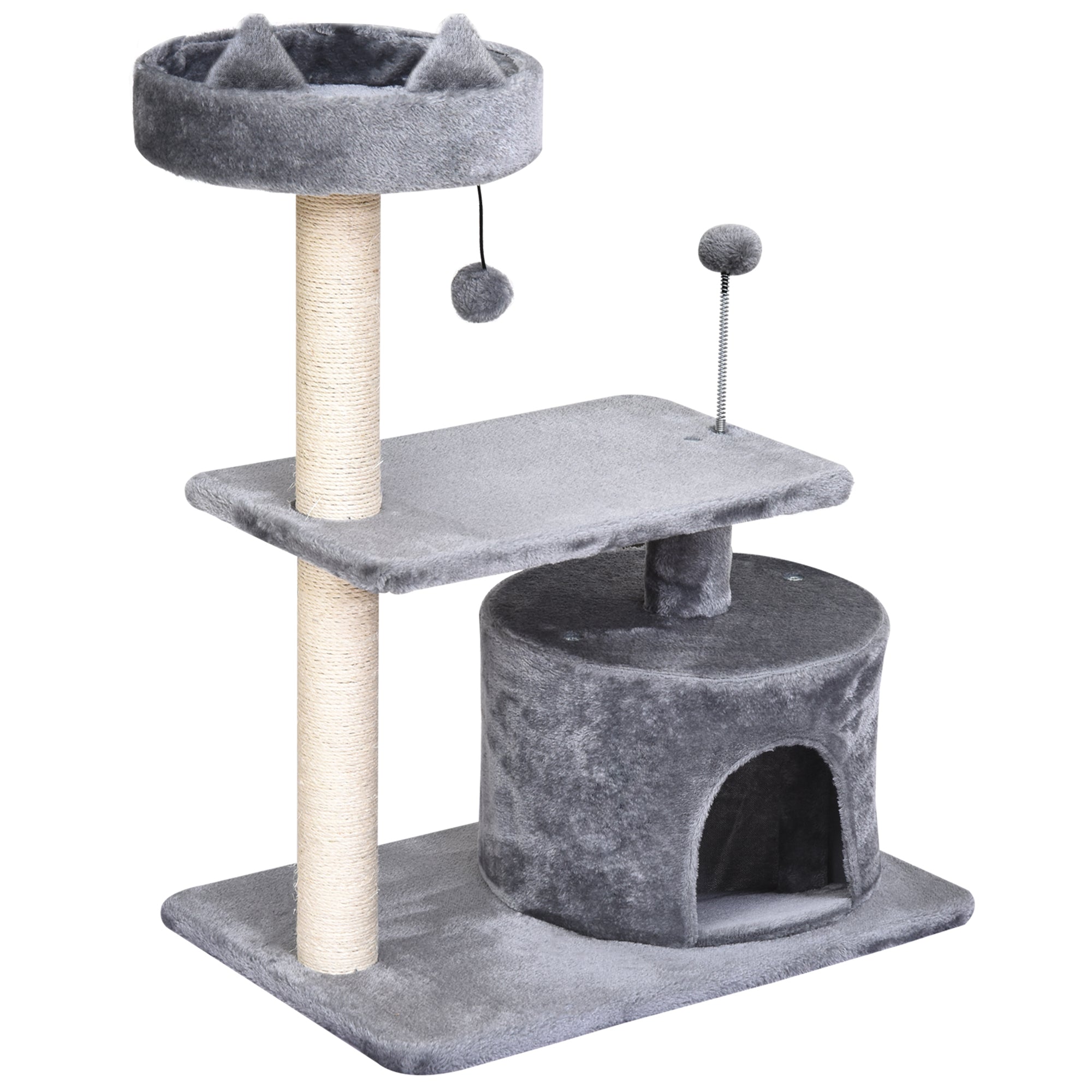 PawHut Multi Level Cat Tree for Indoor Cats with Scratching Post Bed Condo Perch, Kitten Climbing Tower, Grey 60L x 40W x 81H cm