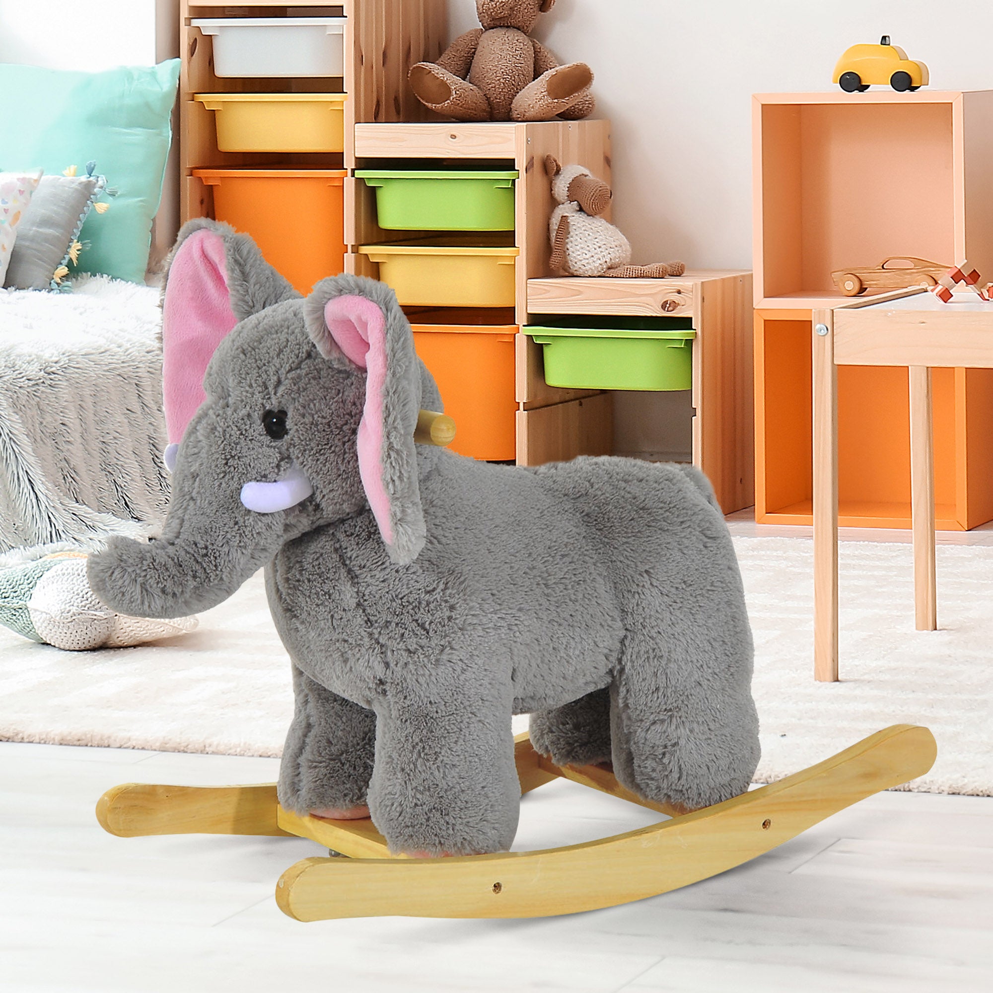 HOMCOM Kids Children Rocking Horse Plush Ride on Animal Wooden Riding Traditional Rocker Gift w/32 nursery rhymes (Grey Elephant) - North Peak Garden Furniture