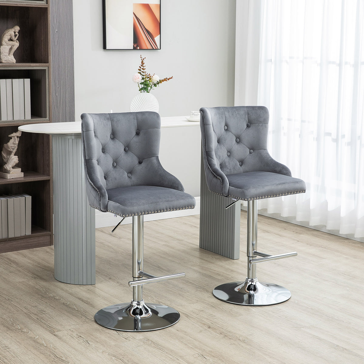 HOMCOM Bar Stools Set of 2, Modern Swivel & Adjustable Velvet Barstools with Button Tufted Back, Footrest, Nailhead Trim for Home Bar, Grey