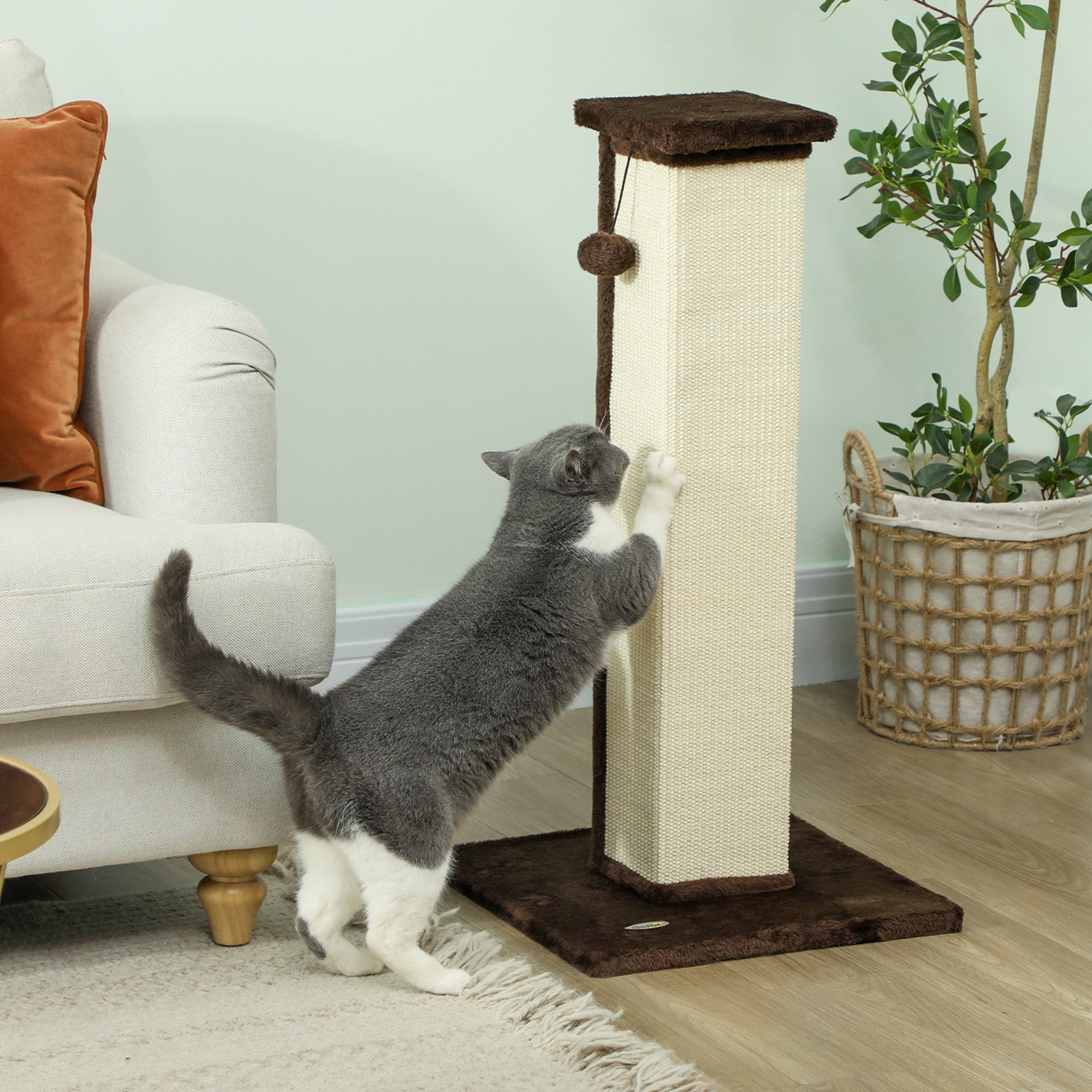 PawHut 81cm Cat Scratcher, Vertical Full Scratcher w/ Natural Sisal Rope, Hanging Ball, Soft Plush - Brown - North Peak Garden Furniture