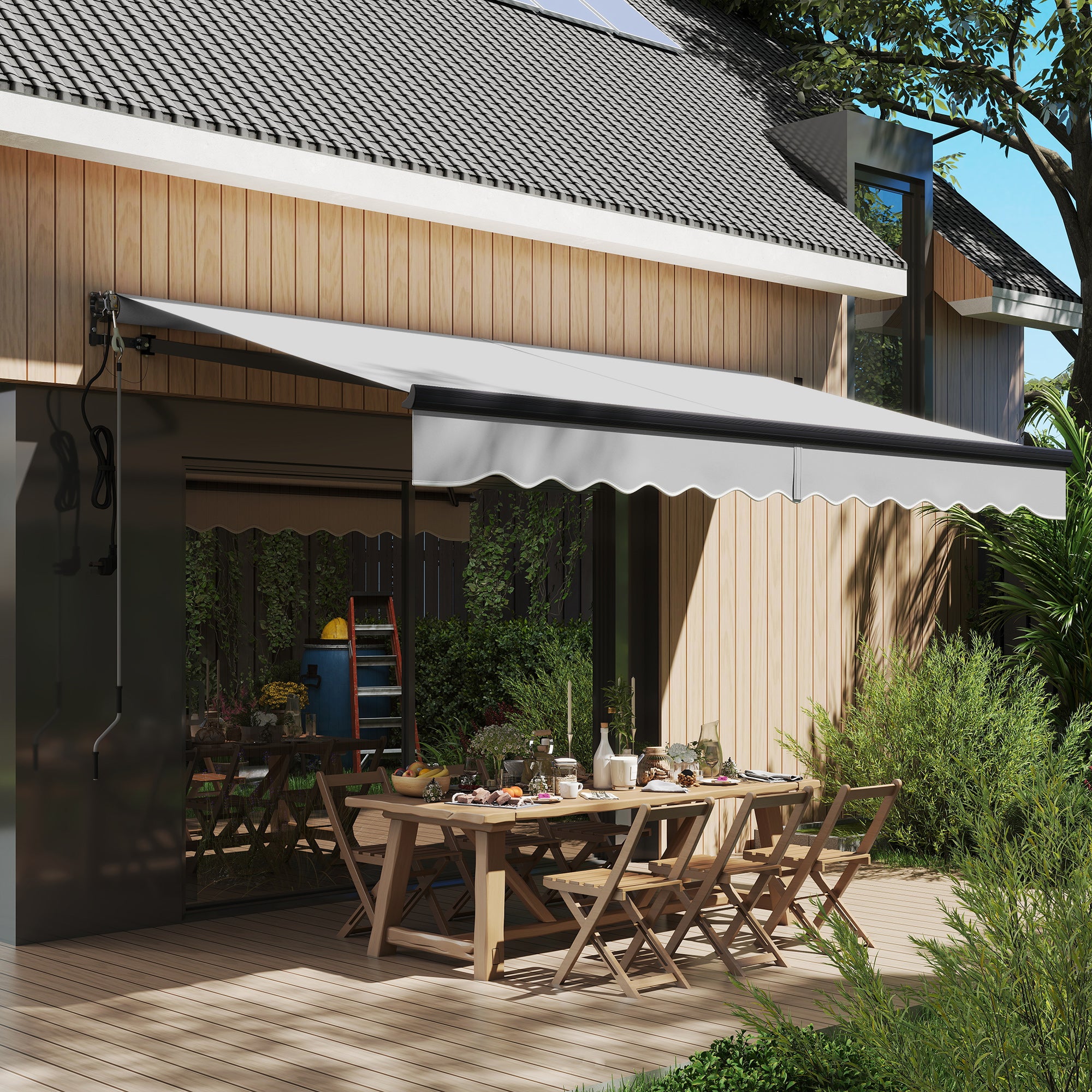 Outsunny 3.5 x 3(m) Electric Awning with Remote Controller, Aluminium Frame DIY Retractable Awning, UV30+ Sun Shade Canopy for Garden Patio Deck Door Window, Light Grey - North Peak Garden Furniture