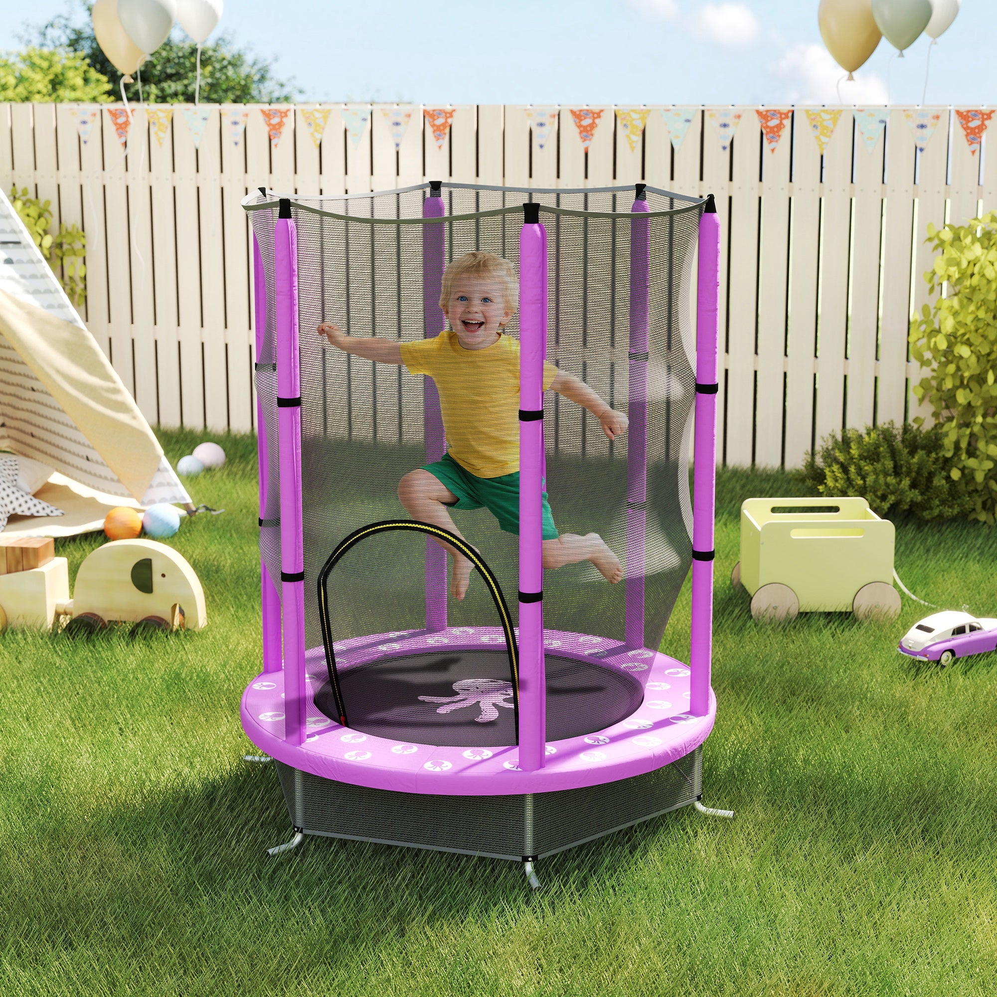 AIYAPLAY 4.6ft Toddler Trampoline w/ Safety Enclosure Net, for Indoor Outdoor Use, Ages 3-6 Years, Purple