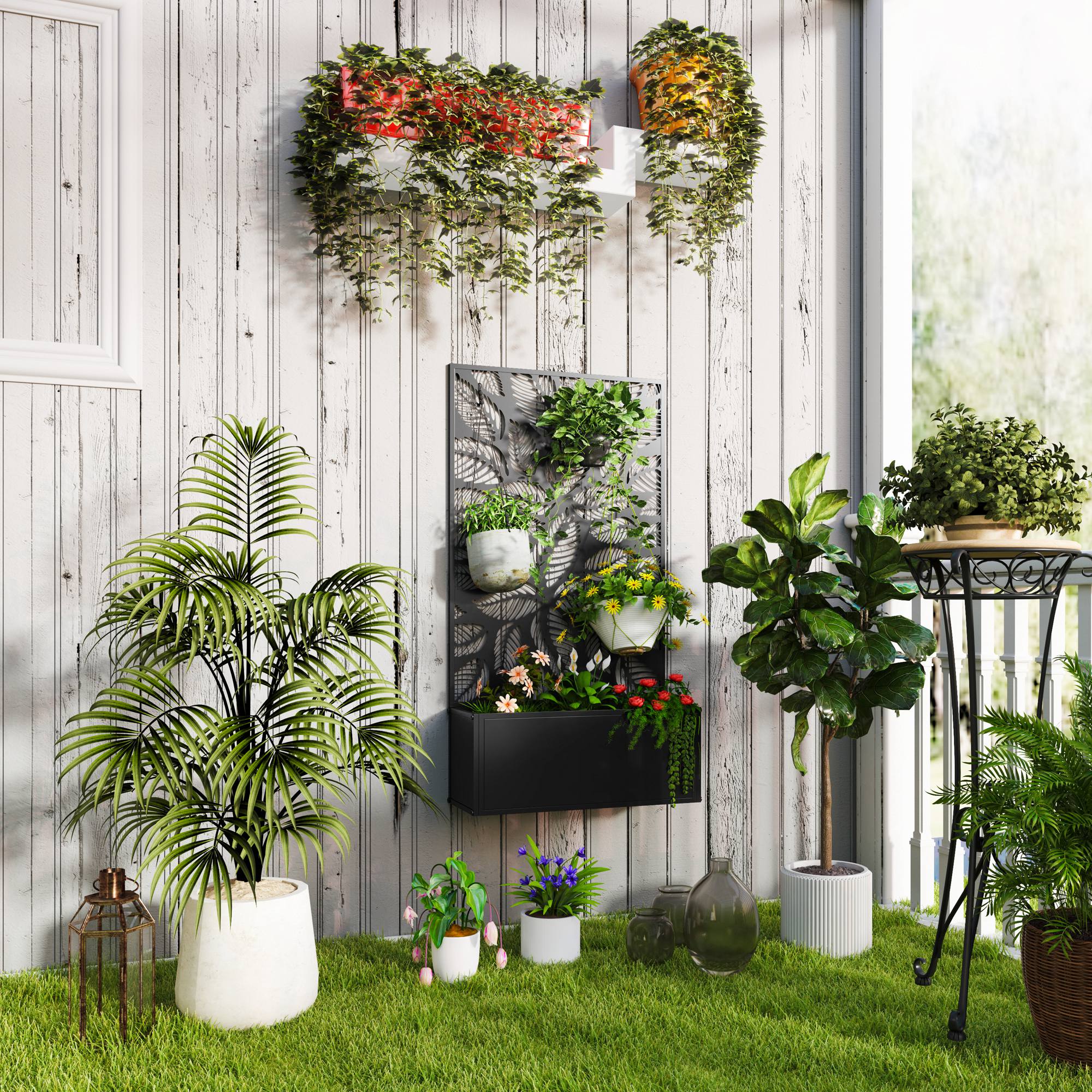 Outsunny Outdoor Metal Planter, with Back Trellis - Black - North Peak Garden Furniture