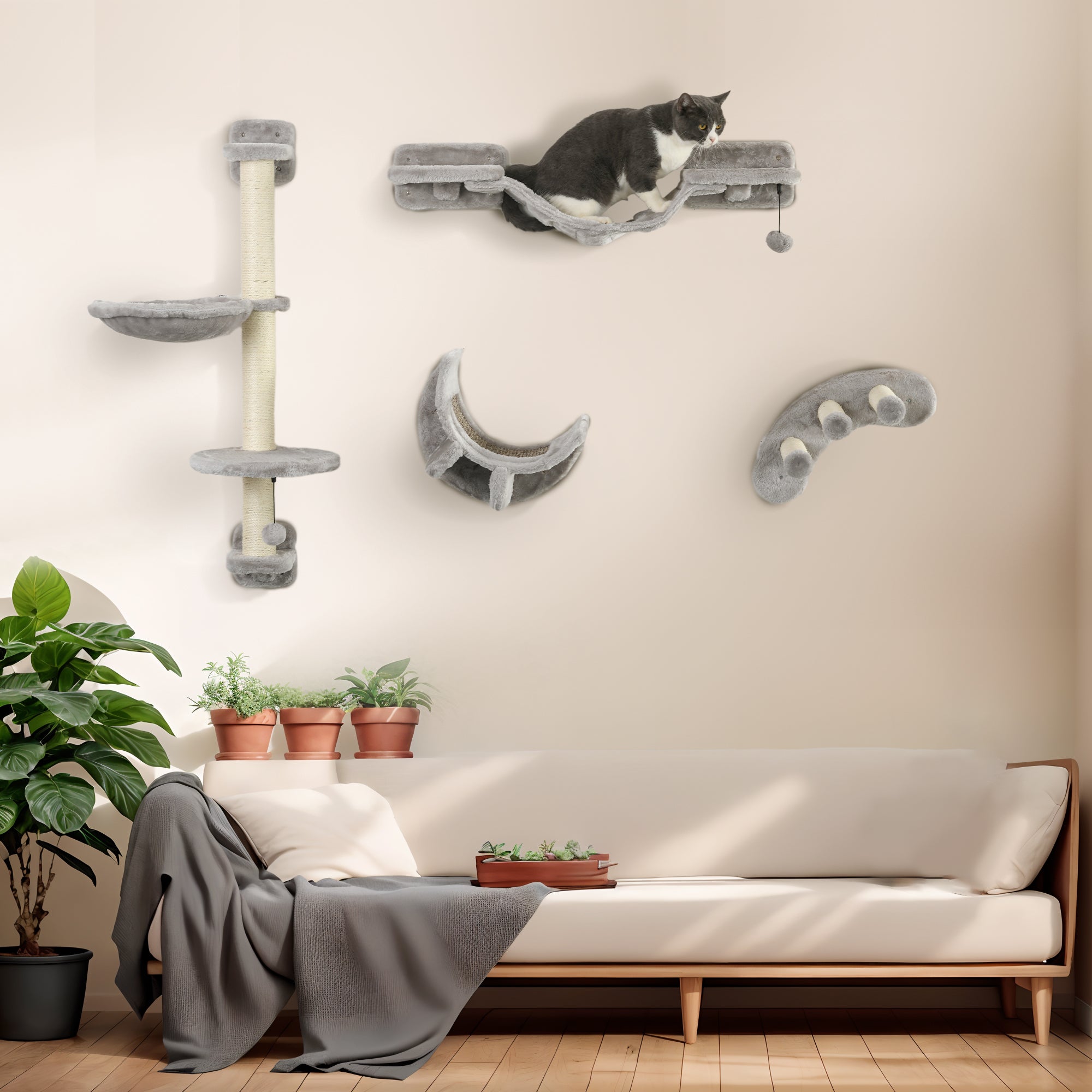 PawHut Four-Piece Cat Wall Furniture, with Hammock, Ladder, Platforms, Steps, for Indoor Use - Grey - North Peak Garden Furniture