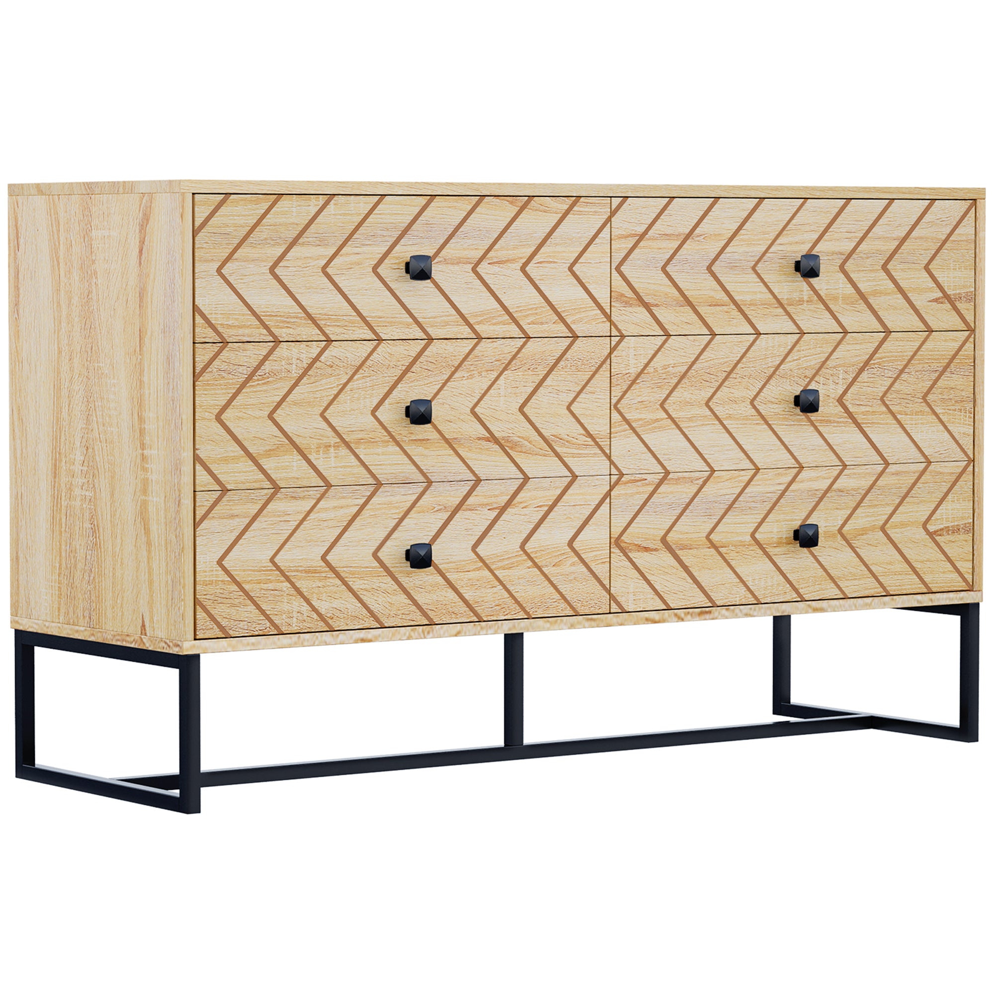 HOMCOM Bedroom Chest of Drawers, 6 Drawer Dresser, Sideboard Cabinet with Zigzag Design and Metal Base, Storage Drawer Unit, 120x71cm, Natural - North Peak Garden Furniture