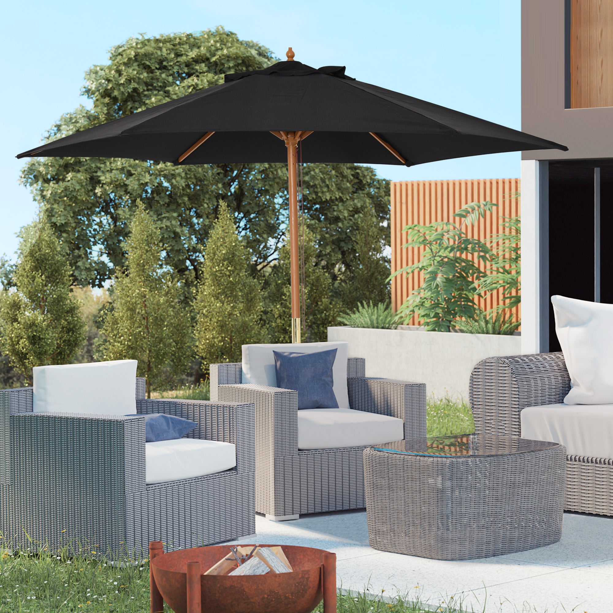 Outsunny 2.5m Wood Garden Parasol Sun Shade Patio Outdoor Wooden Umbrella Canopy Black - North Peak Garden Furniture