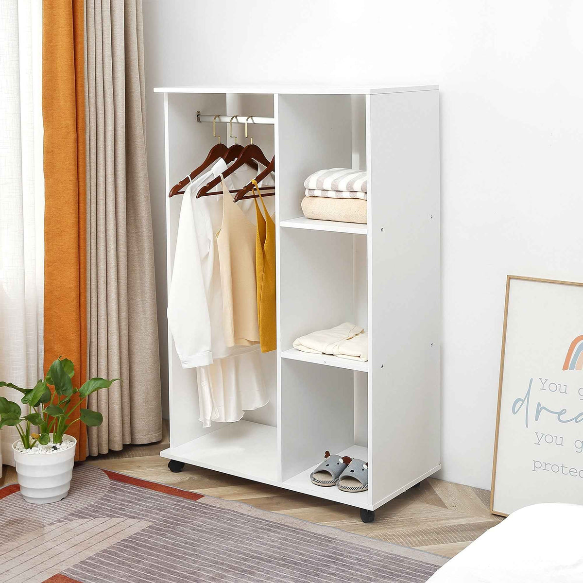 HOMCOM Open Wardrobe on Wheels with Clothes Rail, Bedroom Clothes Storage with Hanging Rod, 3 Storage Shelves, Mobile Garment Rack for Cloakroom, Hallway, White