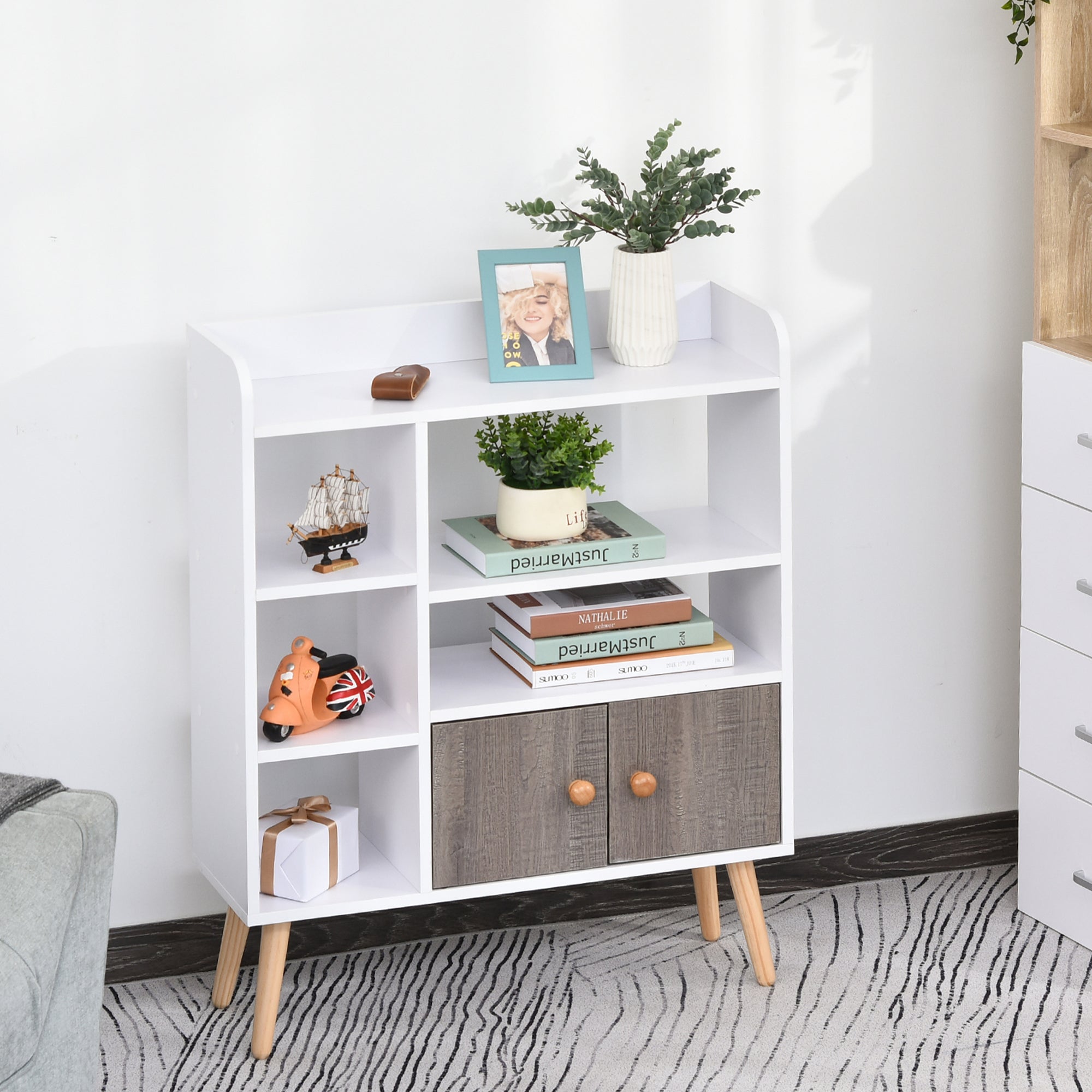 HOMCOM Multi-Shelf Modern Bookcase Freestanding Storage w/ Cabinet 6 Shelves Wood Legs Home Office Display Furniture Stylish White - North Peak Garden Furniture