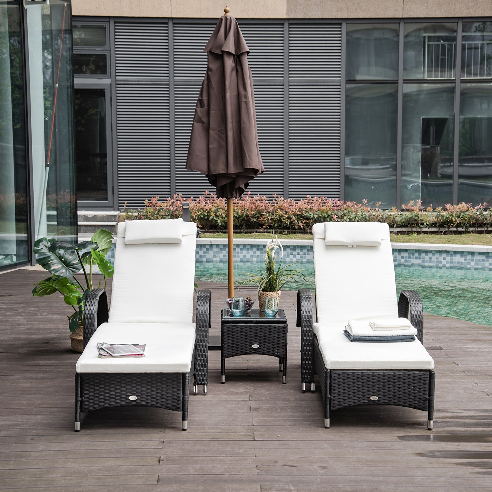 Outsunny 2 Seater Rattan Sun Lounger Set with Side Table Black - North Peak Garden Furniture