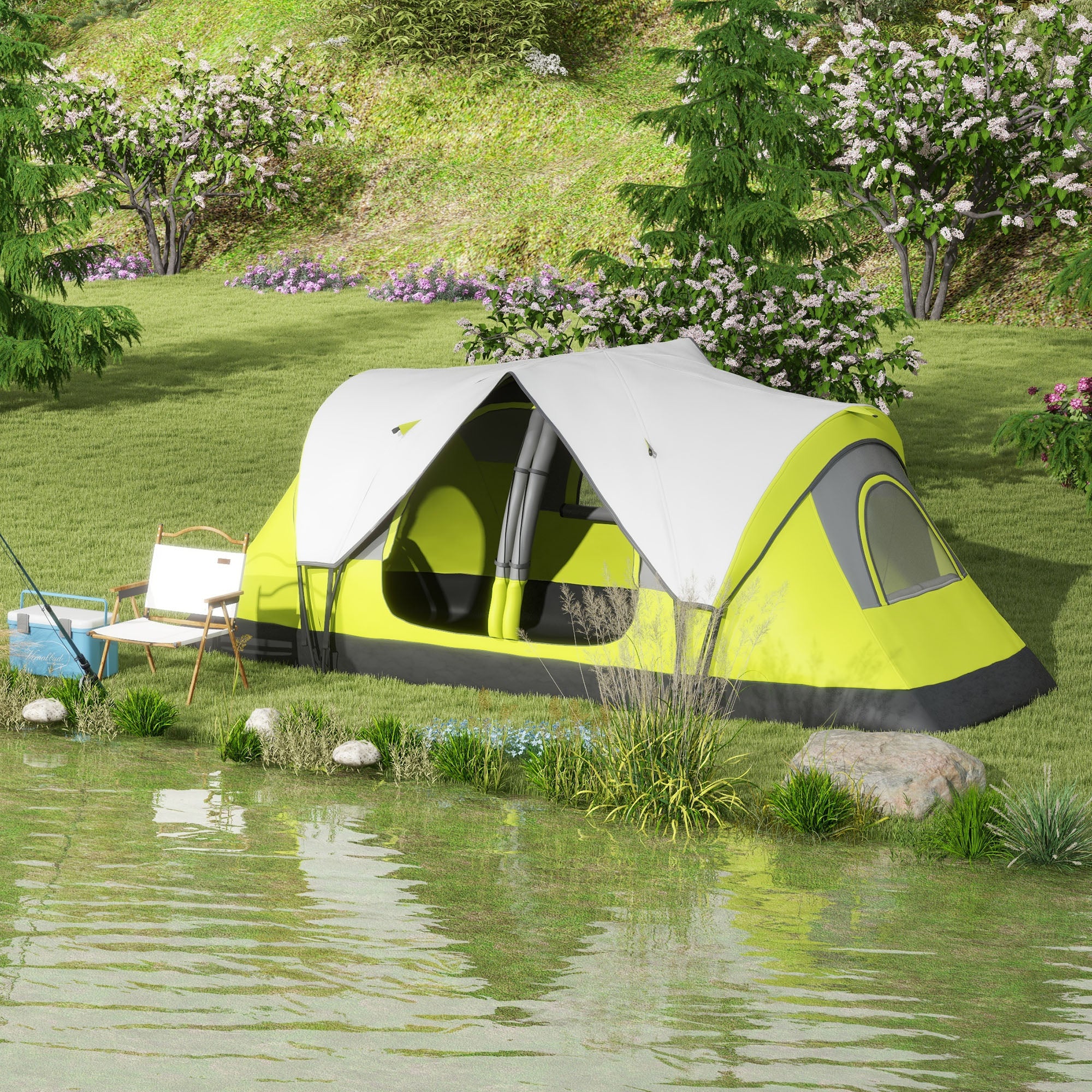 Outsunny Camping Tent for 6-8 Man with 2000mm Waterproof Rainfly and Carry Bag for Fishing Hiking Festival, Yellow - North Peak Garden Furniture