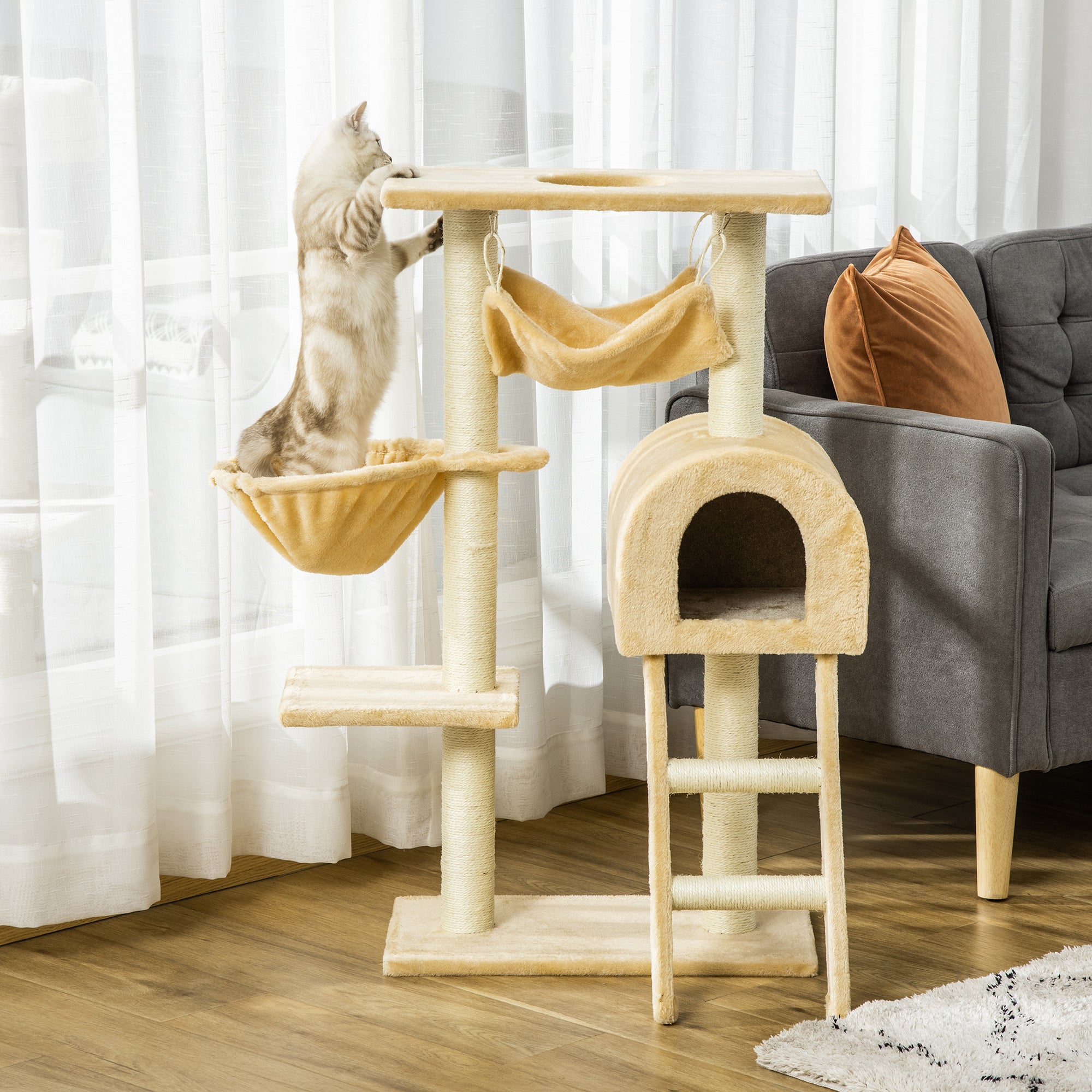 PawHut Cat Tree Tower for Indoor Cats Kitten Activity Centre Scratching Post w/ Hammock House Basket Ladder - Beige - North Peak Garden Furniture