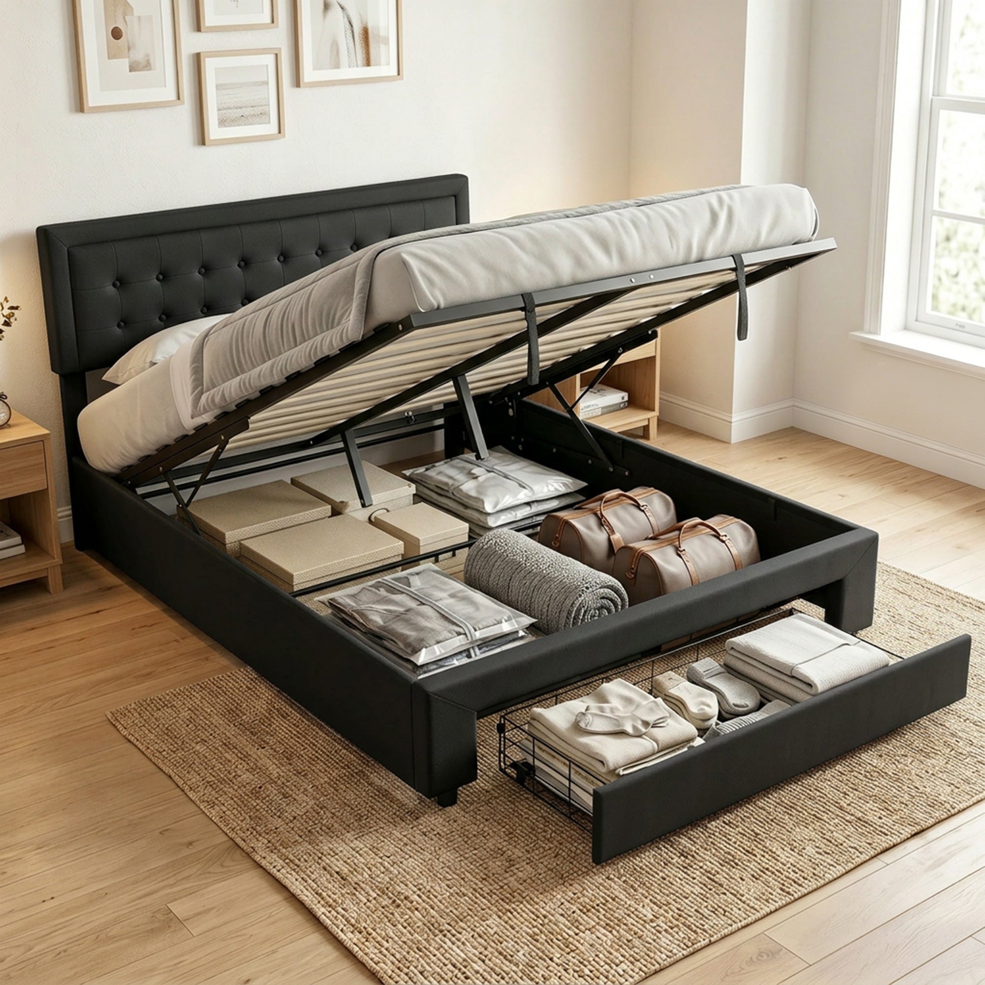 HOMCOM PU Leather King Size Ottoman Bed Frame, with Front Drawer - Black