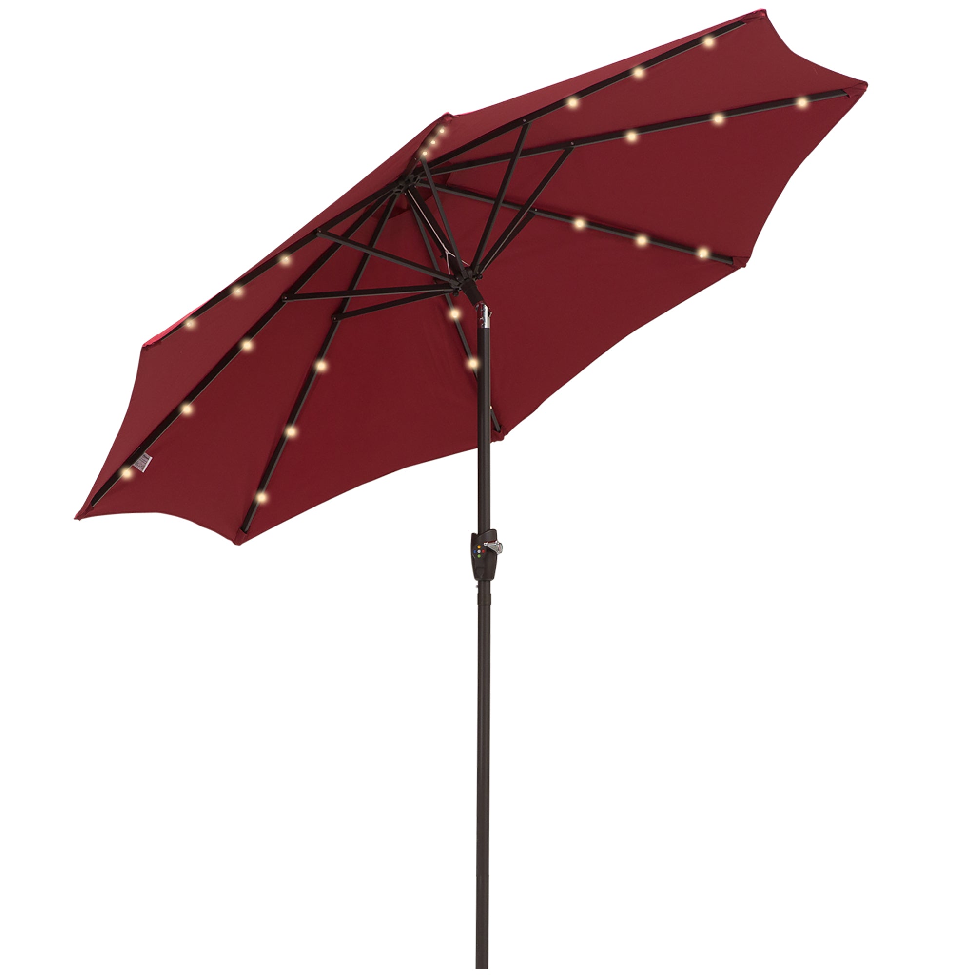 Outsunny Φ2.7m Garden 24 LED Light Parasol Solar Outdoor Tilt Sun Umbrella Patio Club Party Event Manual Sun Shade w/ Hand Crank and 8 Ribs, Red - North Peak Garden Furniture