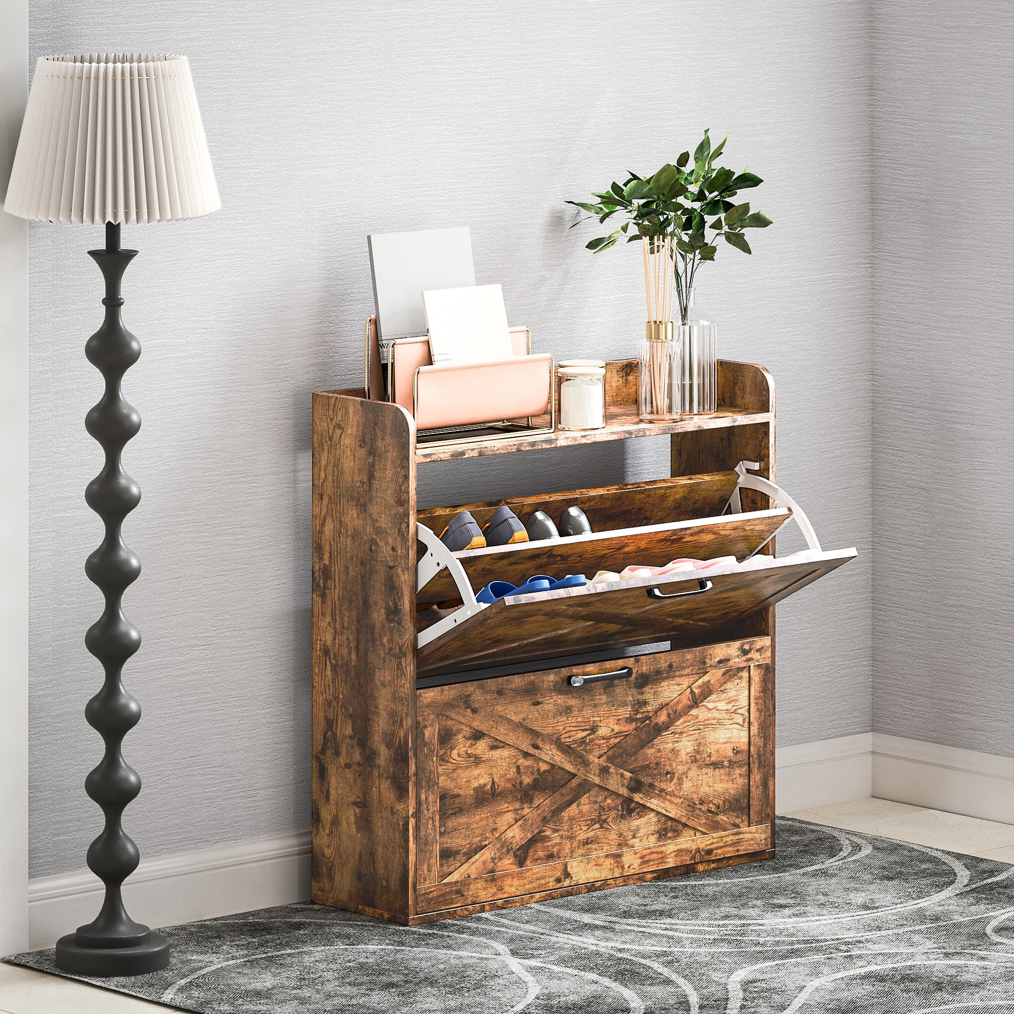 HOMCOM Two Flip Drawer Narrow Shoe Cabinet with Adjustable Shelves - Rustic Brown - North Peak Garden Furniture