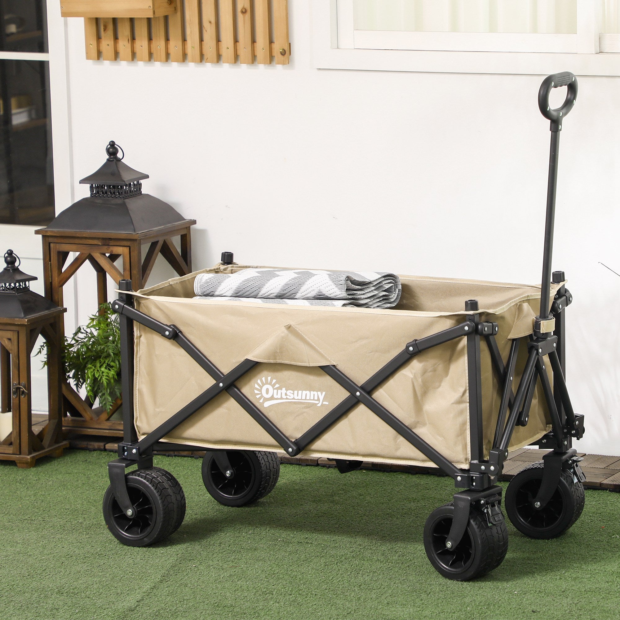 Outsunny Folding Garden Trolley, Outdoor Wagon Cart with Carry Bag, for Beach, Camping, Festival, 120KG Capacity, Khaki - North Peak Garden Furniture