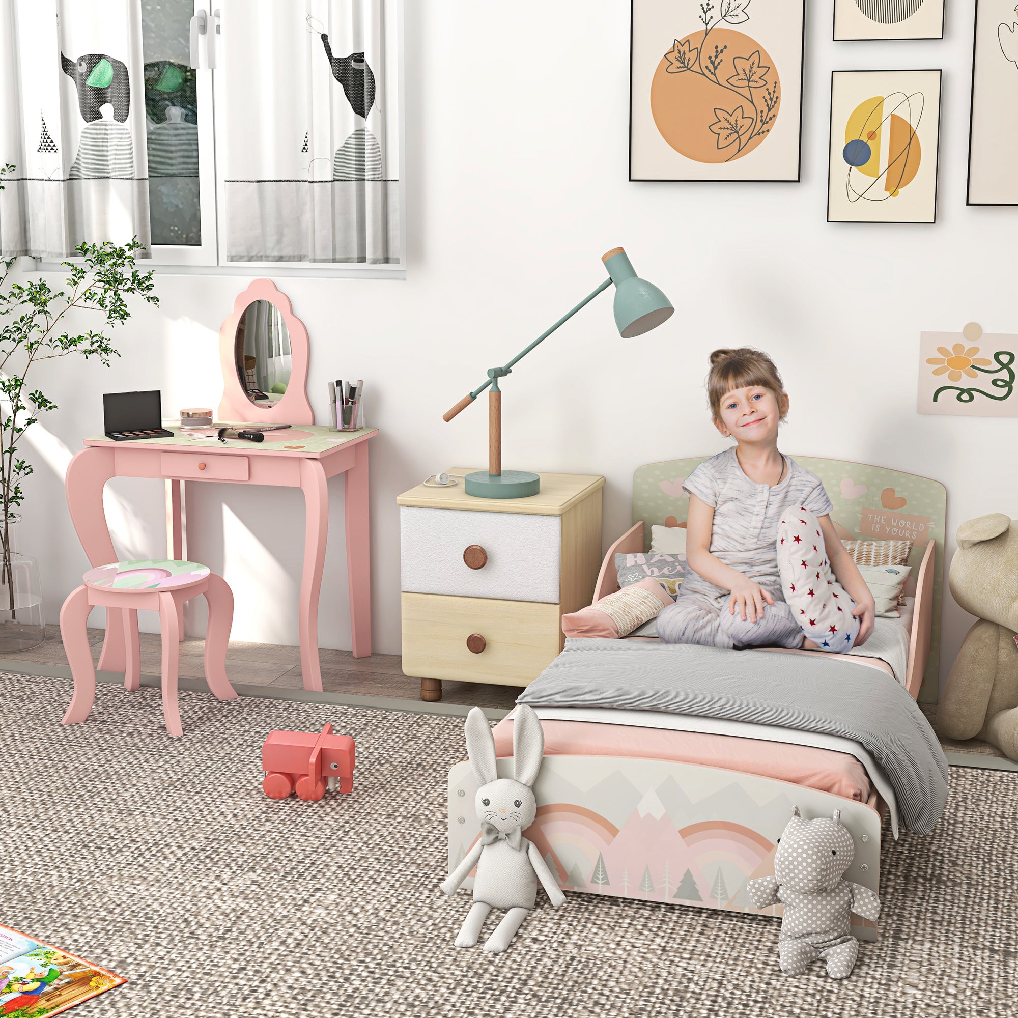 ZONEKIZ Toddler Bed Frame, Kids Dressing Table with Mirror and Stool, Cute Animal Design Kids Bedroom Furniture Set for Ages 3-6 Years, Pink - North Peak Garden Furniture