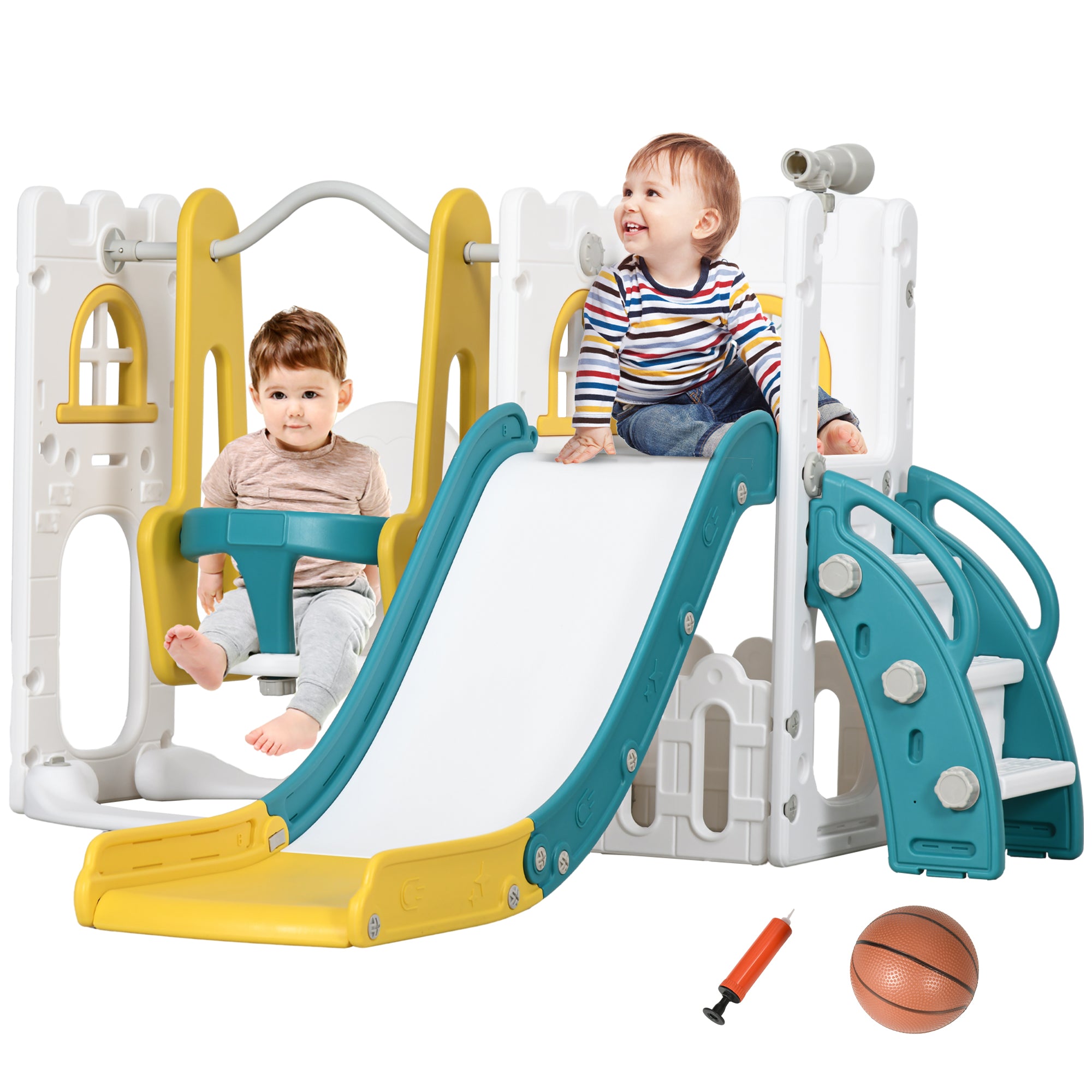 AIYAPLAY 6-in-1 Swing and Slide Set, Kids Playground with Basketball Hoop, Telescope, Storage Space - Yellow - North Peak Garden Furniture