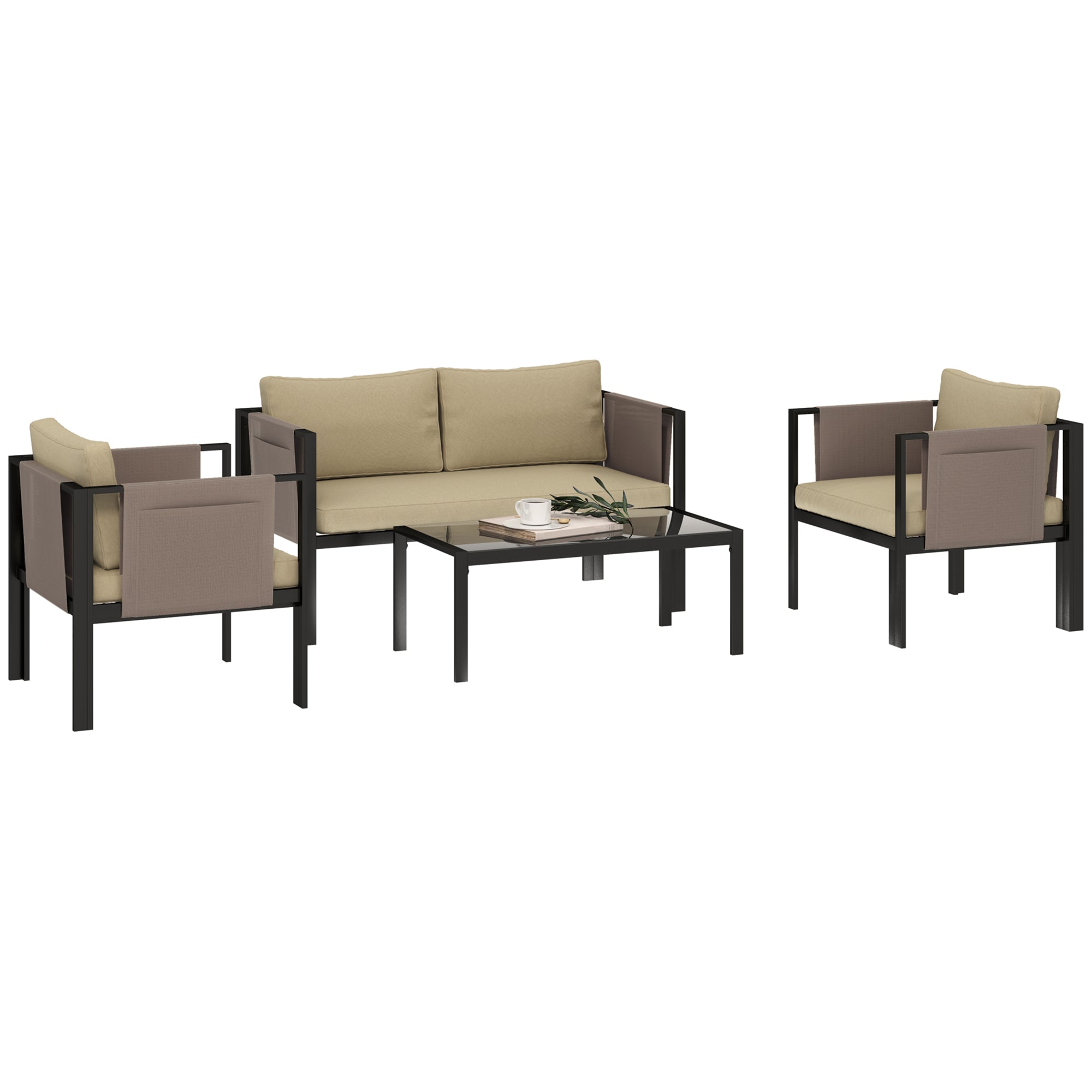 Outsunny 4 Piece Metal Garden Furniture Set with Tempered Glass Coffee Table, Texteline Pocket, Outdoor Set Loveseat Single Armchairs with Padded Cushions, Khaki - North Peak Garden Furniture