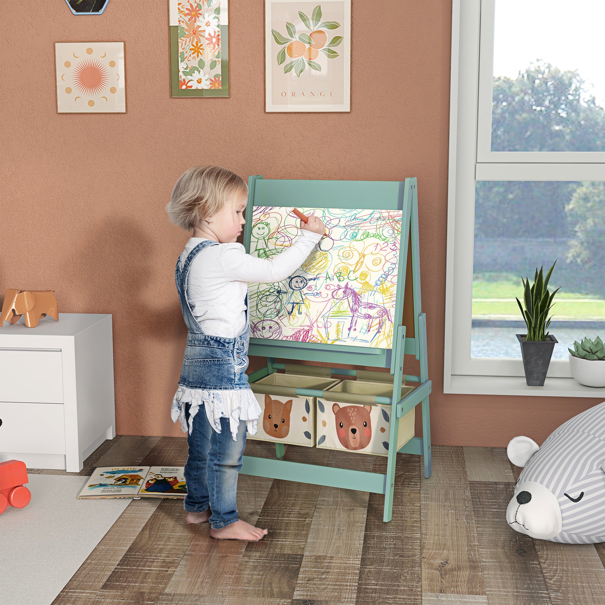 AIYAPLAY Three-In-One Kids Easel with Paper Roll, Art Easel, with Storage - Green - North Peak Garden Furniture