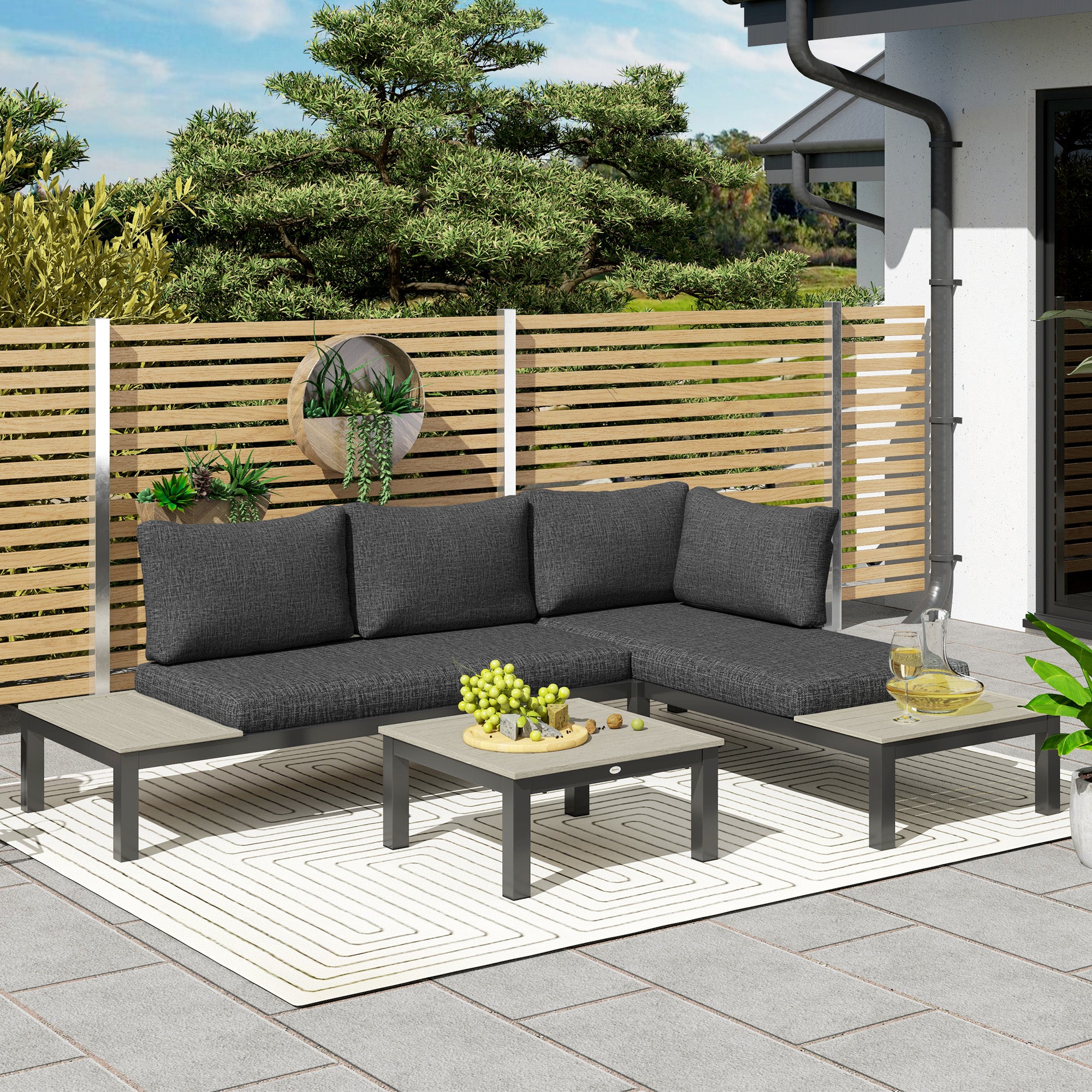 Outsunny 3 Pieces Garden Furniture Sets, Aluminium Outdoor Corner Sofa Set with 2 Loveseat and Coffee Table with Cushions for Garden, Dark Grey - North Peak Garden Furniture