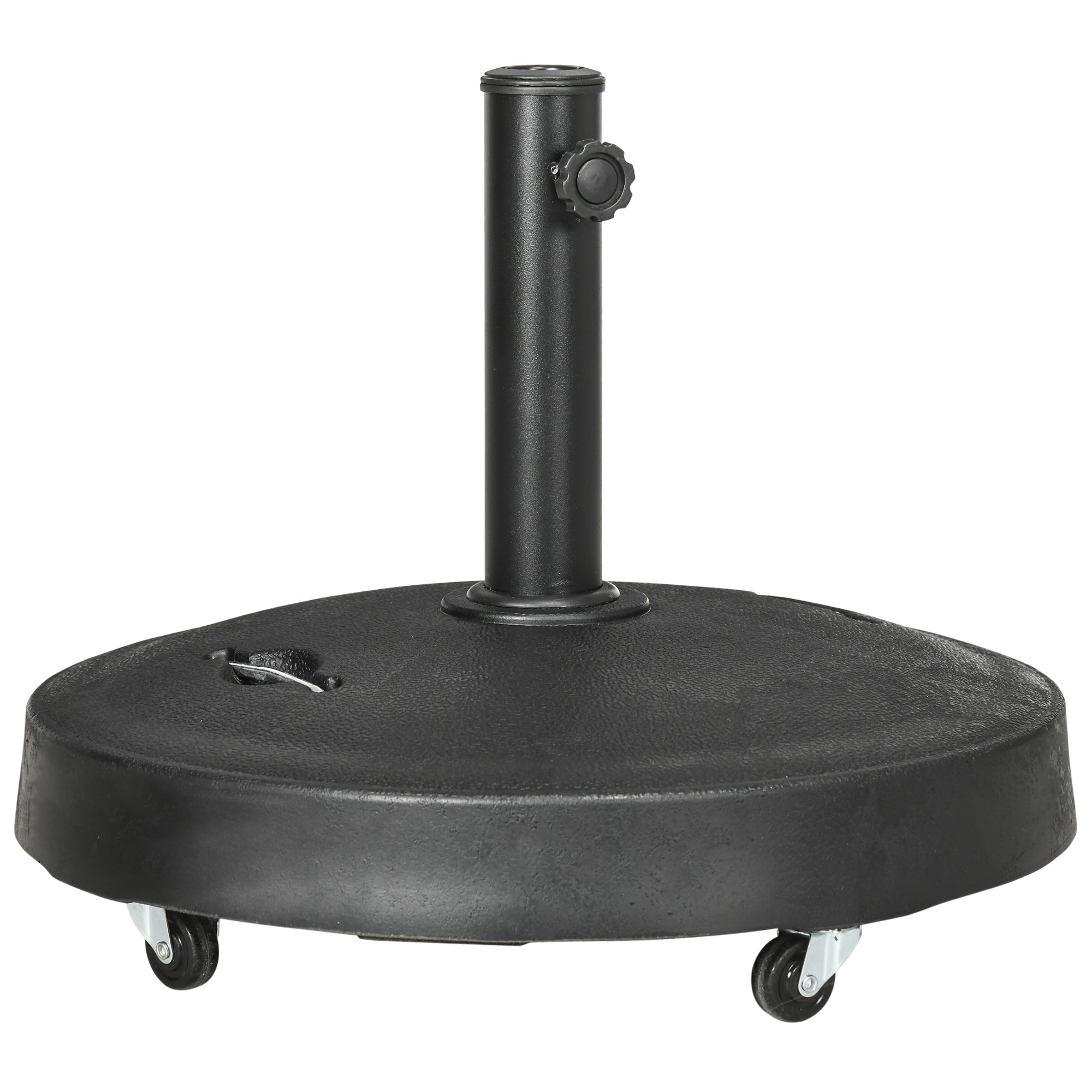 Outsunny 25kg Resin Garden Parasol Base with Wheels and Retractable Handles, Round Outdoor Market Umbrella Stand Weight for Poles of Φ38mm to Φ48mm, Black