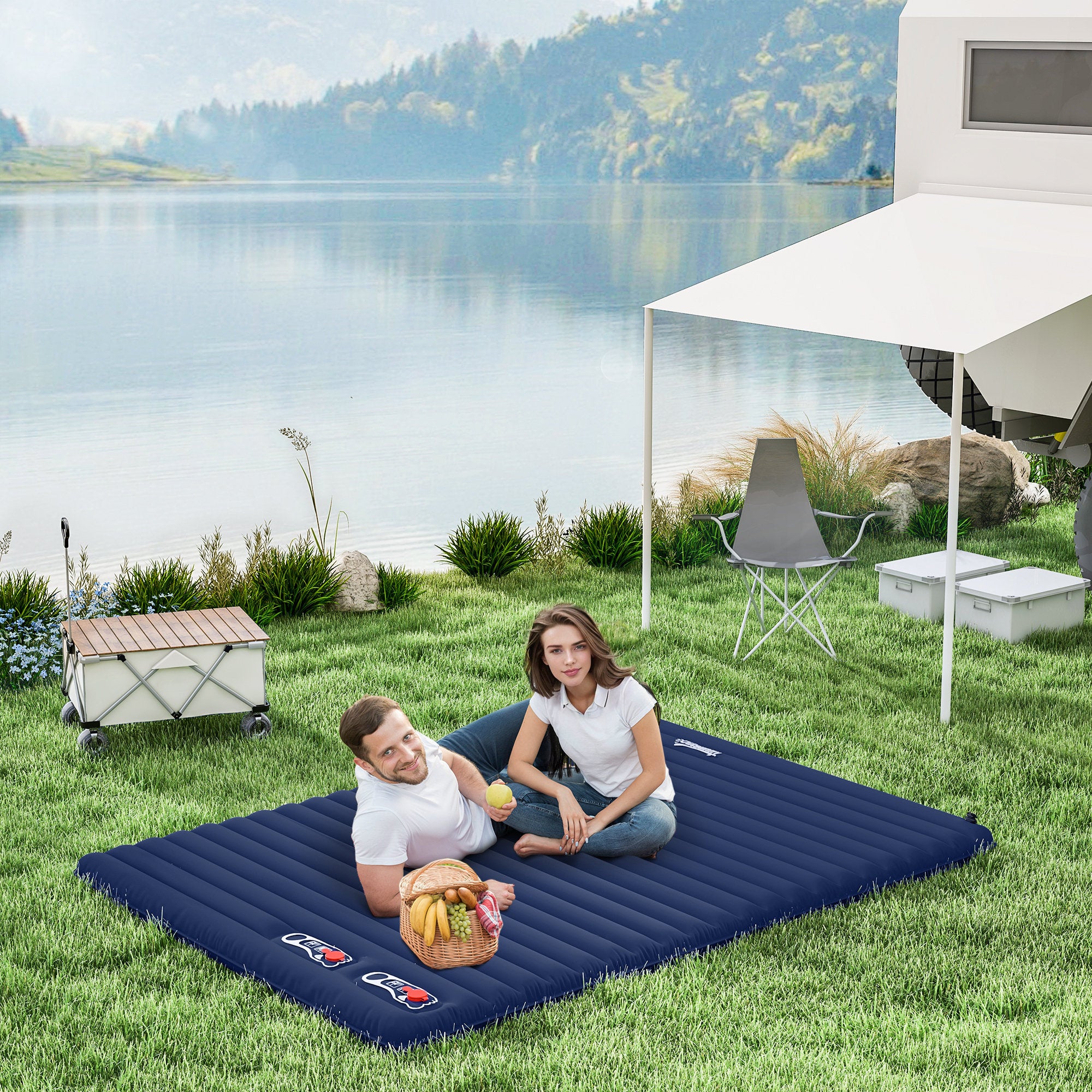 Outsunny 2 Person Camping Inflating Sleeping Mat Inflatable Mattress Ultralight Folding Bed Portable Air Bed for Outdoor Backpacking Hiking Travel - Blue - North Peak Garden Furniture