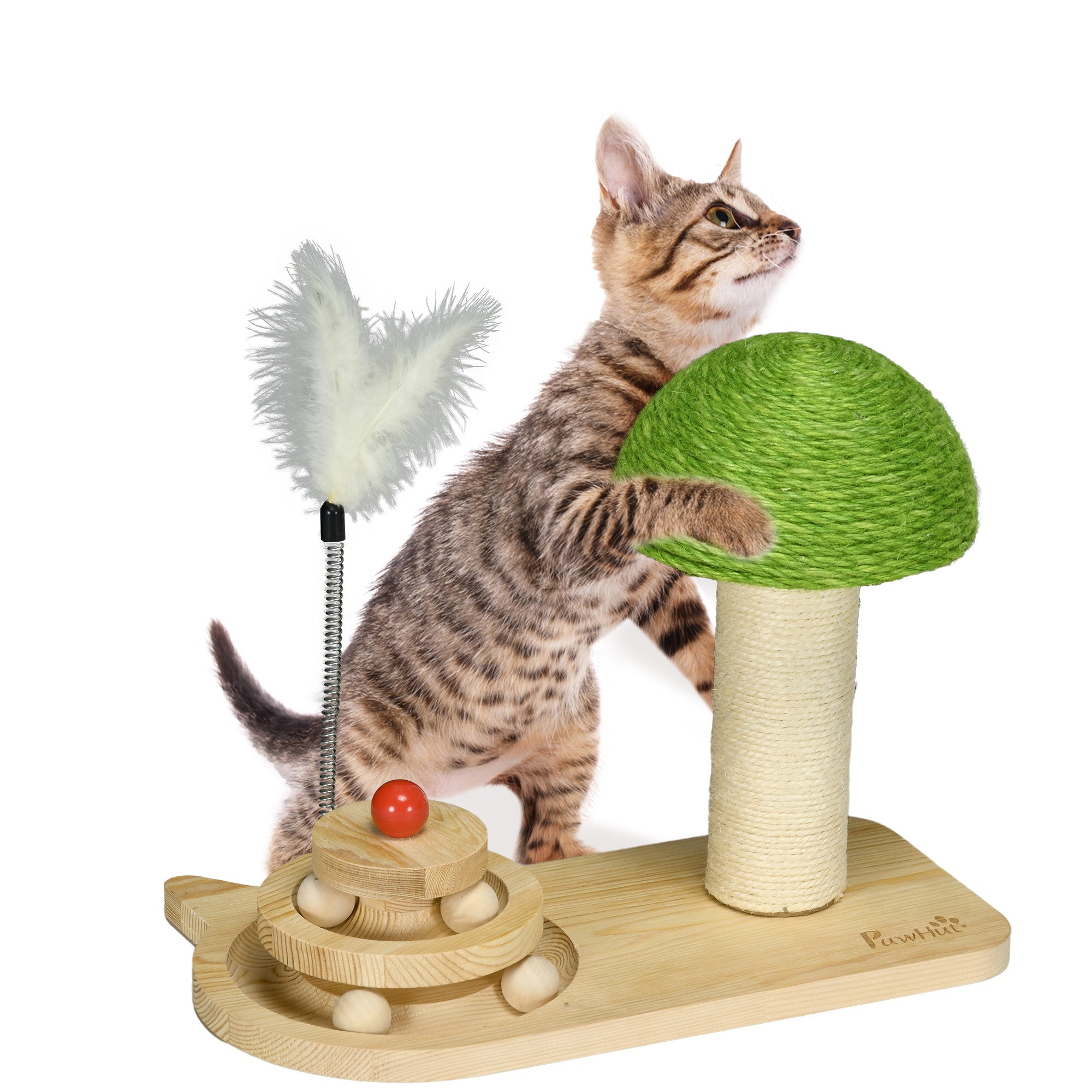 PawHut Mushroom-Shaped Cat Scratching Post, with Toy Balls, Feather for Indoor Cats, 35 x 21 x 26cm - Natural Tone - North Peak Garden Furniture
