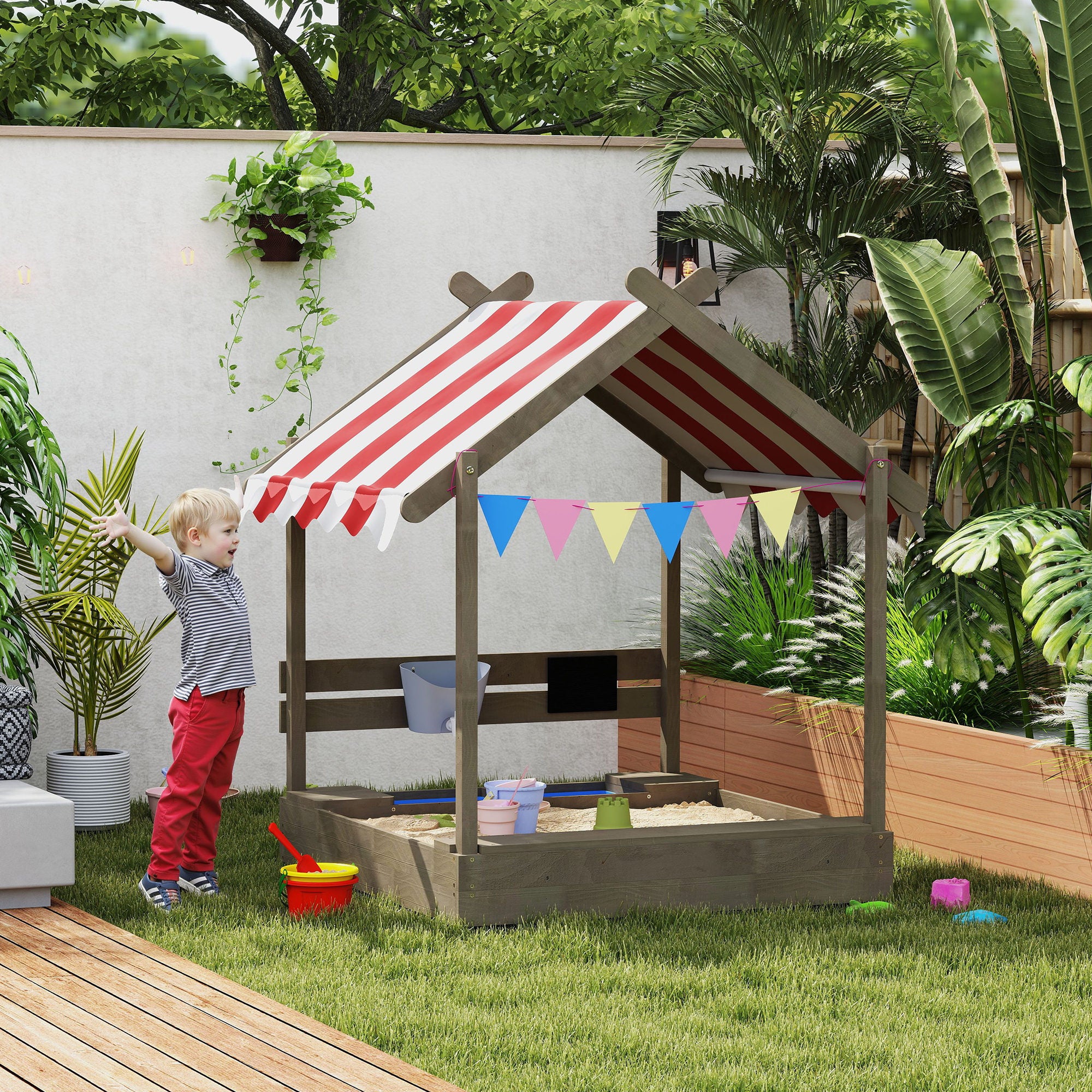Outsunny House-Designed Wooden Sandbox, Outdoor Sandpit, with Blackboard, Toys, Sink, Seats, Flags, for Ages 3-7 Years - Grey - North Peak Garden Furniture