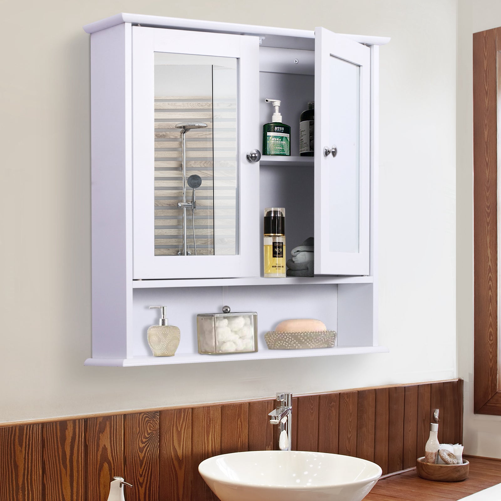 kleankin Wall-mounted Bathroom Cabinet Mirror Door Organiser Storage Shelves Living Room White - North Peak Garden Furniture