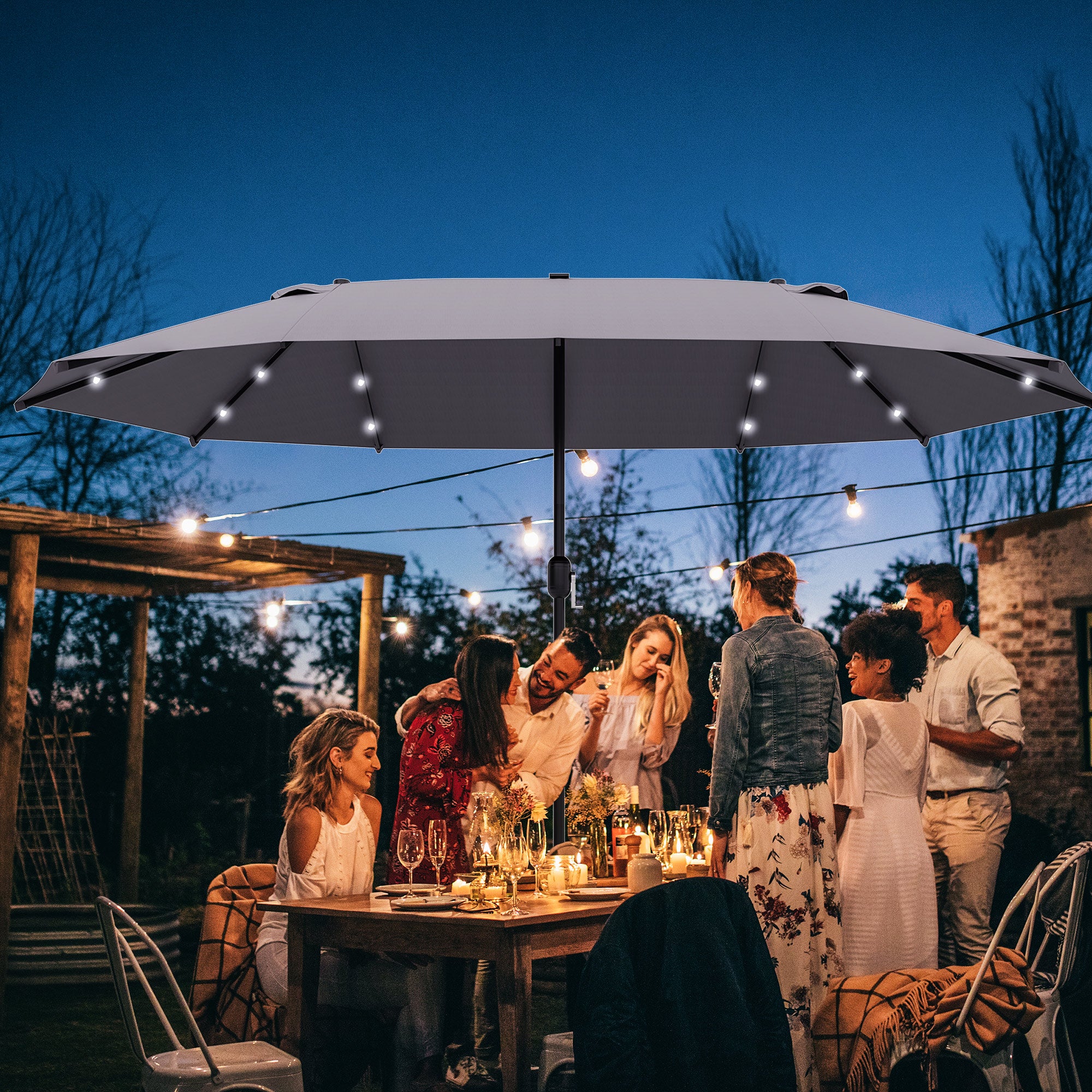 Outsunny 4.4m Double-Sided Sun Umbrella Patio Parasol LED Solar Lights Dark Grey - North Peak Garden Furniture