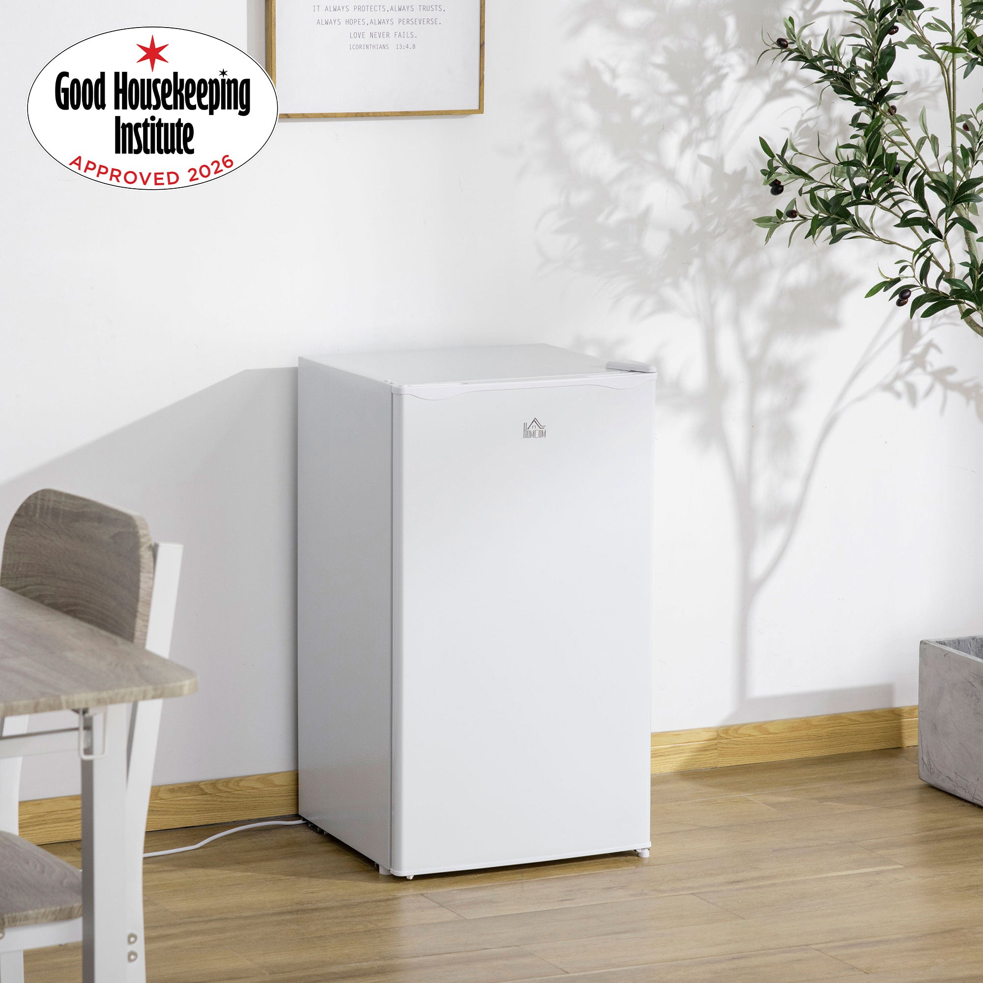 HOMCOM 91 Litre Freestanding Under Counter Fridge Freezer with Chiller Box, Reversible Door, Adjustable Thermostat, 47.5cm Wide, Noise Level: Decibels 40, White