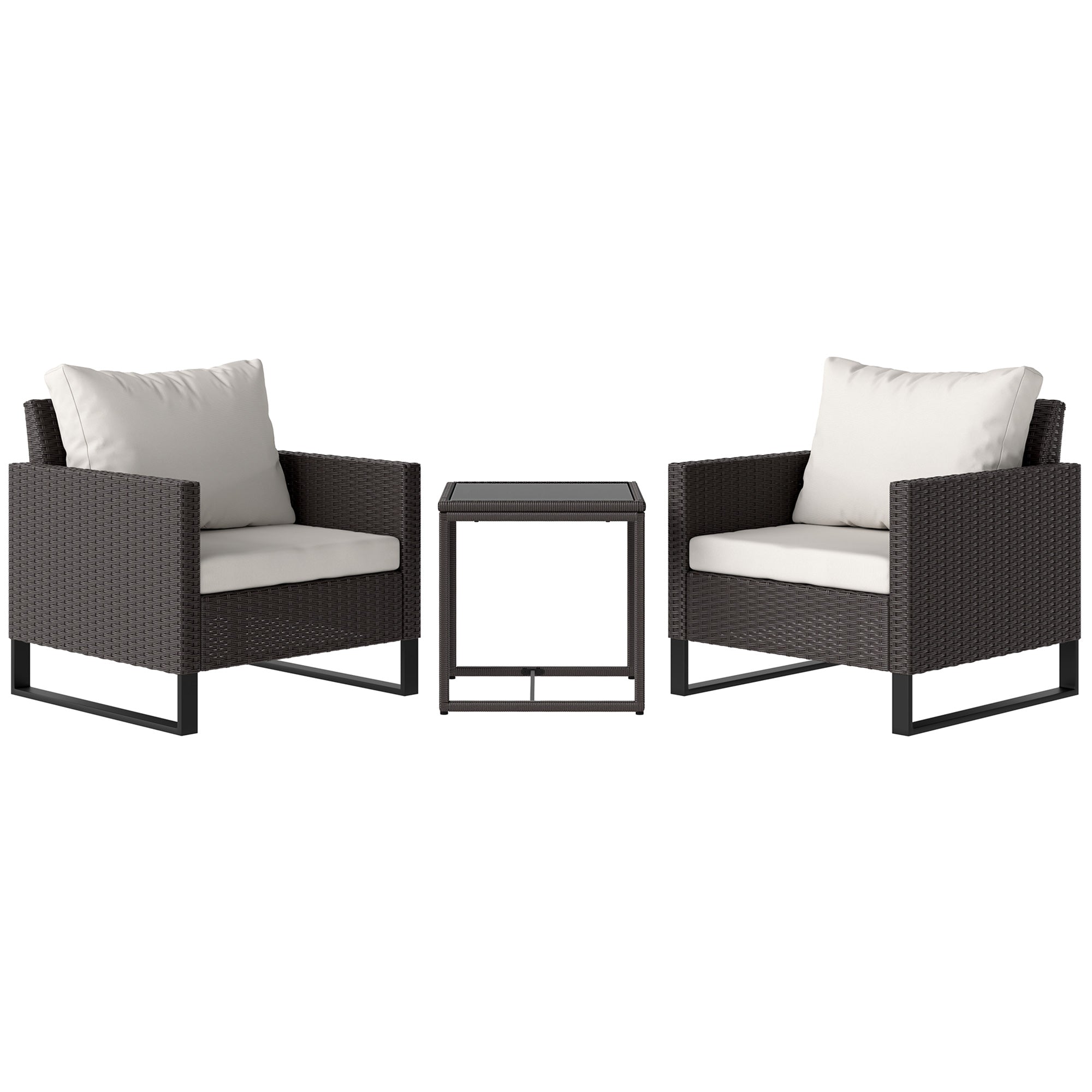 Outsunny 3 Pieces Rattan Bistro Set with 4 Cushions, Wicker Garden Furniture Set, Glass Top Coffee Table and Chairs for Outdoor Patio, Balcony, Terrace and Conservatory, Brown - North Peak Garden Furniture