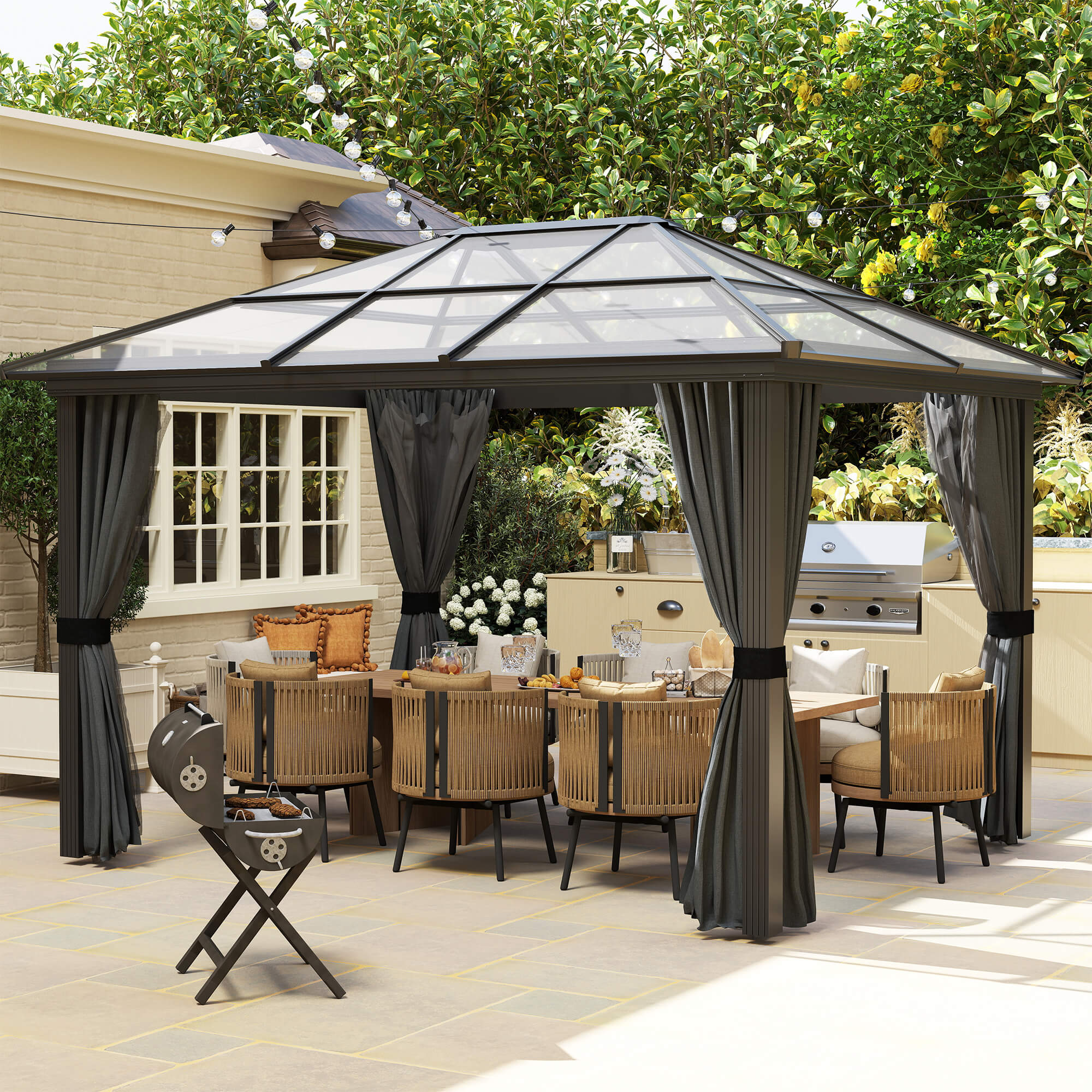 Outsunny 3 x 3.6m Hardtop Gazebo Canopy with Polycarbonate Roof, Aluminium Frame, Permanent Pavilion Garden Gazebo with Netting and Curtains for Patio, Deck, Dark Grey - North Peak Garden Furniture