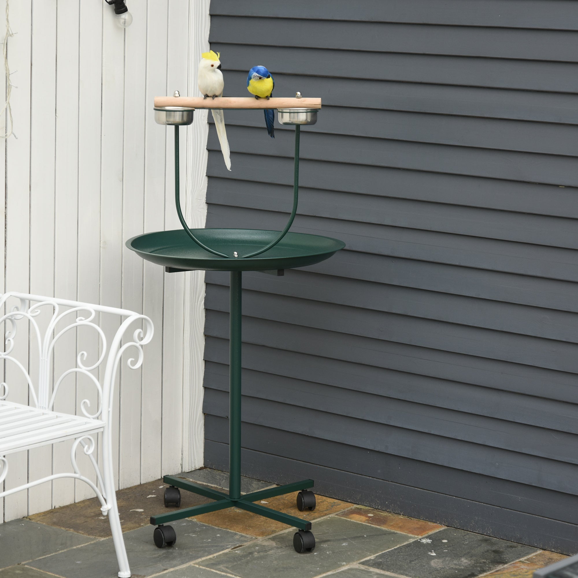 PawHut Bird Perch Stand with Perch, Four Wheels, Feeding Bowls for Small & Medium Birds, Green - North Peak Garden Furniture