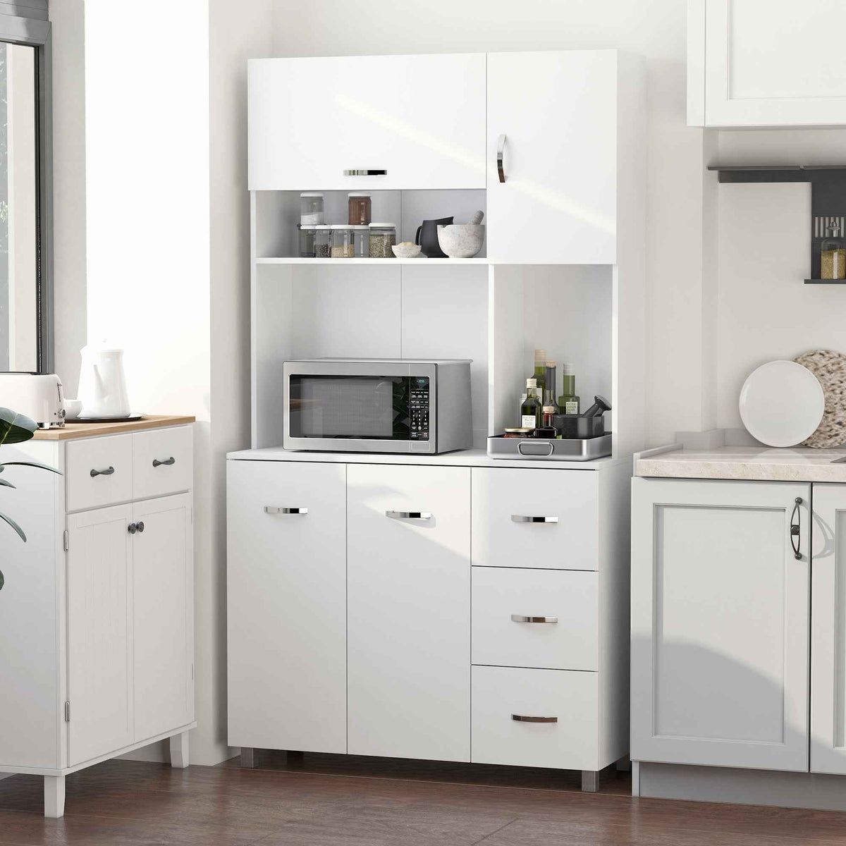 HOMCOM Freestanding Kitchen Cupboard, Storage Cabinet with Doors and Shelves, Drawers, Open Compartments for Microwave,White