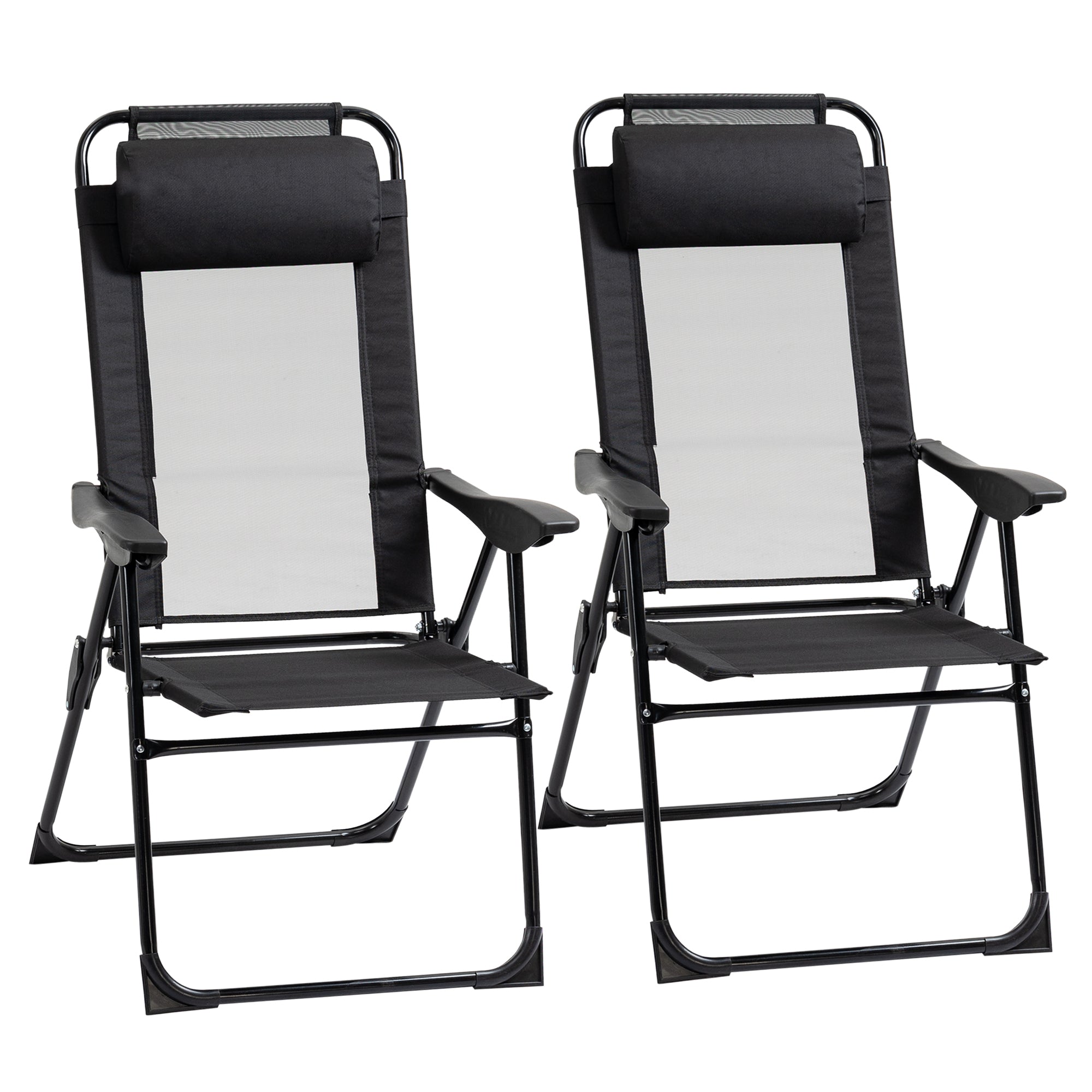 Outsunny Set of 2 Portable Folding Recliner Metal Outdoor Patio Chaise Lounge Chairs with Adjustable Backrest, Black - North Peak Garden Furniture