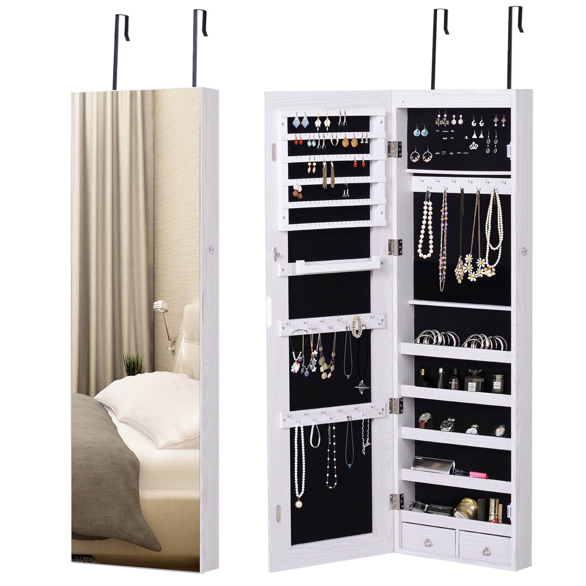 HOMCOM Jewelry Cabinet with Mirror and LED Lights, Lockable Makeup Cosmetics Jewellery Organiser, Mirror with Storage for Bedroom Dressing Room, White - North Peak Garden Furniture