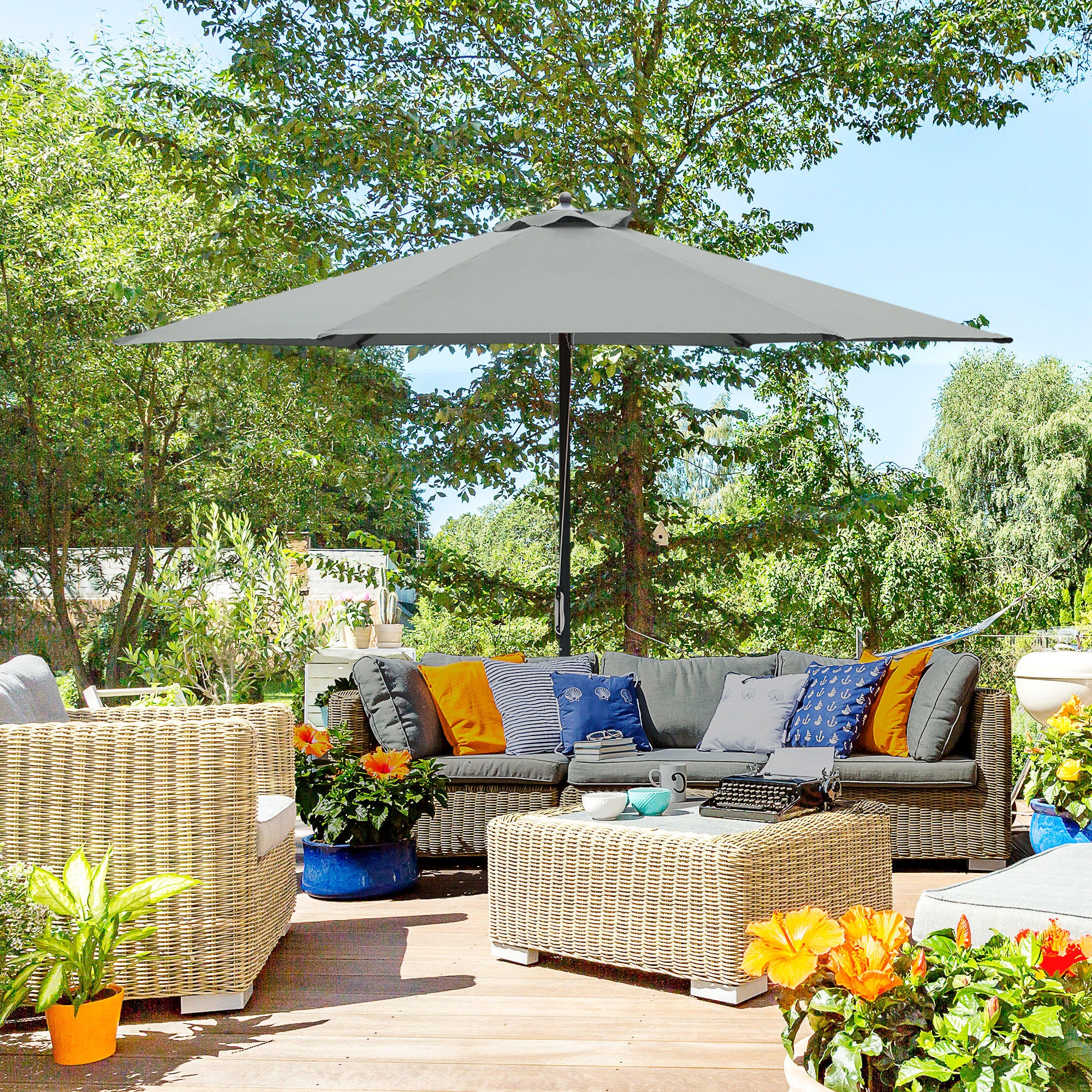 Outsunny 2.8m Garden Parasol Umbrella, Round Outdoor Market Table Umbrella Sun Shade Canopy, Dark Grey - North Peak Garden Furniture