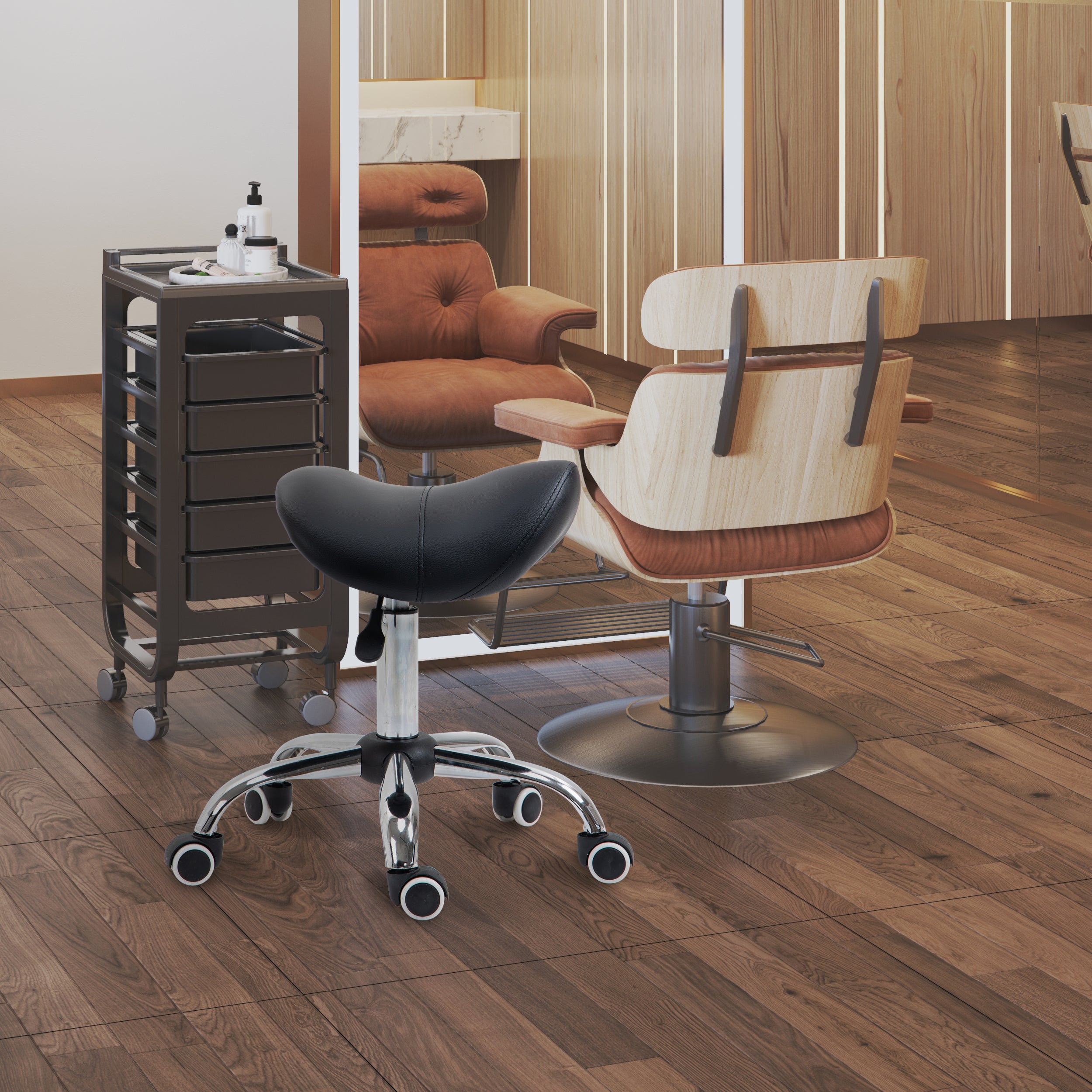 HOMCOM Cosmetic Stool 360° Rotate Height Adjustable Salon Massage Spa Chair Hydraulic Rolling Faux Leather Saddle Stool Mobility, Black - North Peak Garden Furniture