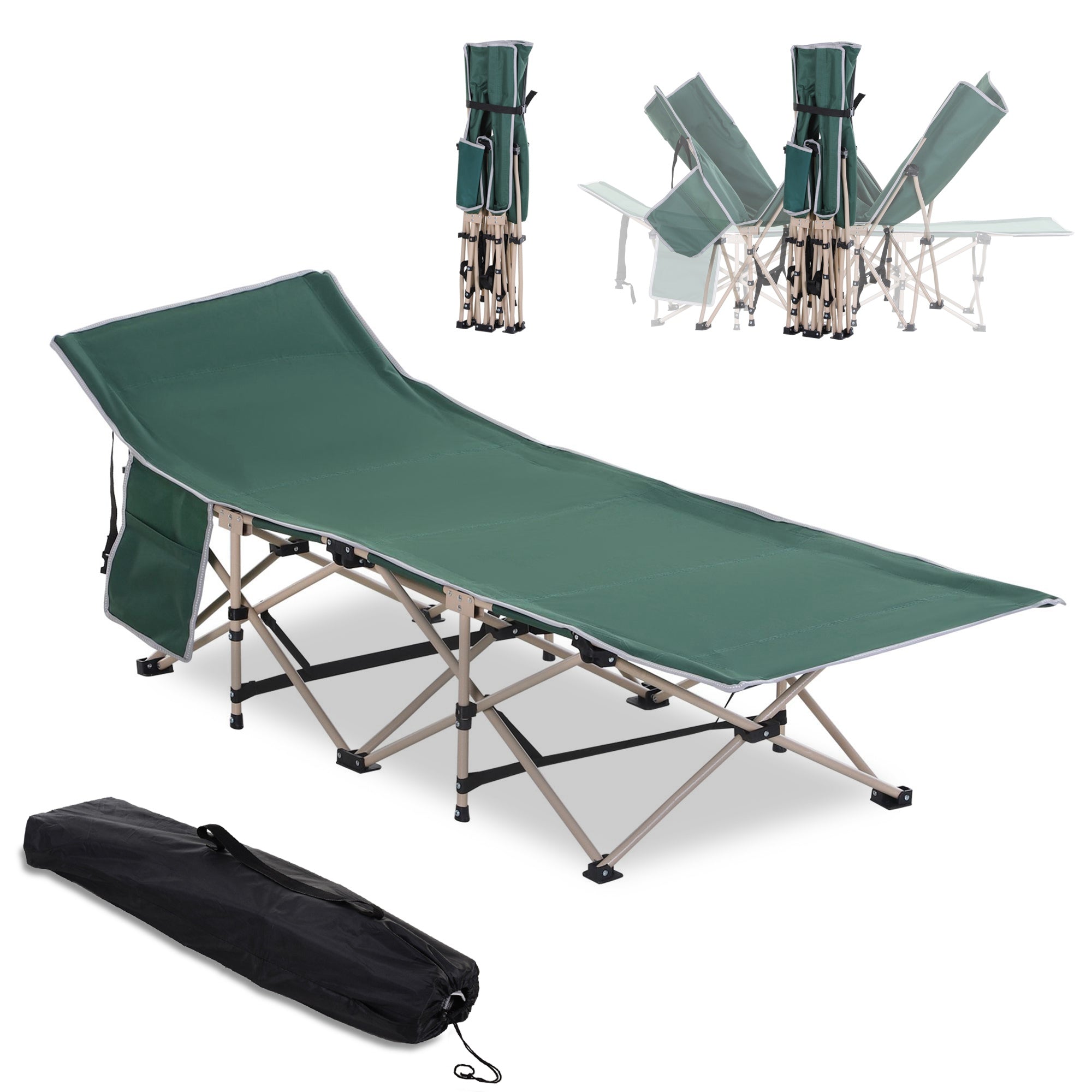 Outsunny Single Person Camping Bed Folding Cot Outdoor Patio Portable Military Sleeping Bed Travel Guest Leisure Fishing with Side Pocket and Carry Bag - Green - North Peak Garden Furniture