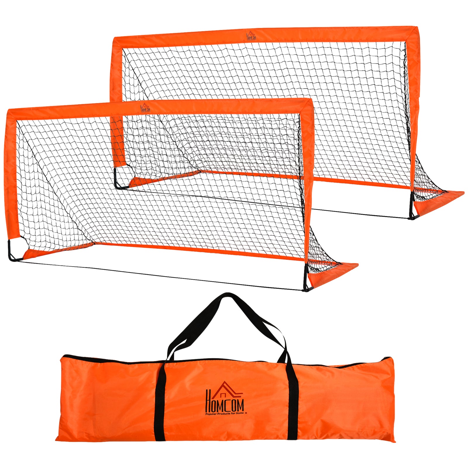 HOMCOM Set of 2 Football Goal Net 6 x 3 ft Foldable Outdoor Sport Training Teens Adults Football with Carrying Bag Orange - North Peak Garden Furniture
