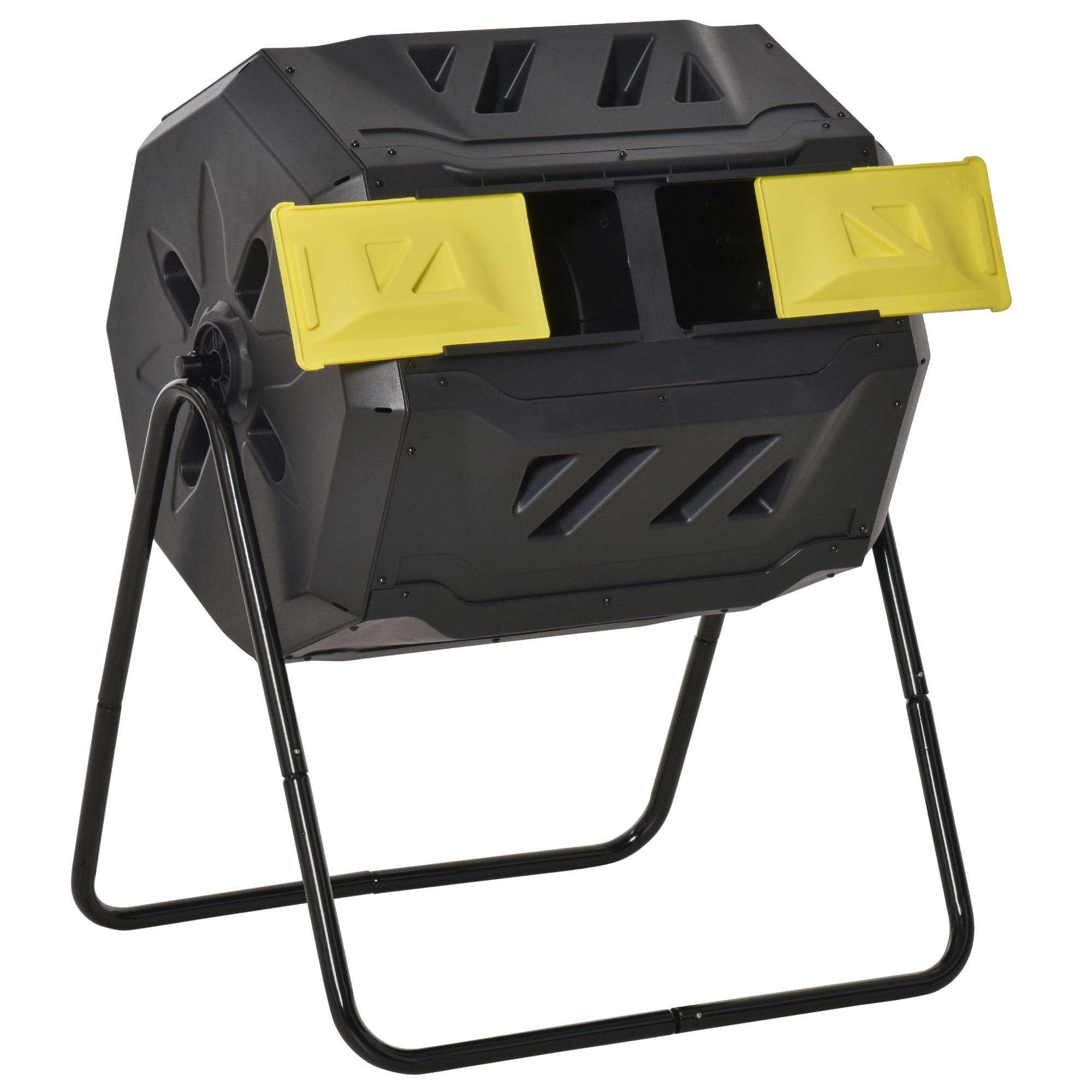 Outsunny 160L Tumbling Compost Bin Outdoor Dual Chamber 360° Rotating Composter, Garden Compost Bin w/ Sliding Doors & Solid Steel Frame, Yellow - North Peak Garden Furniture
