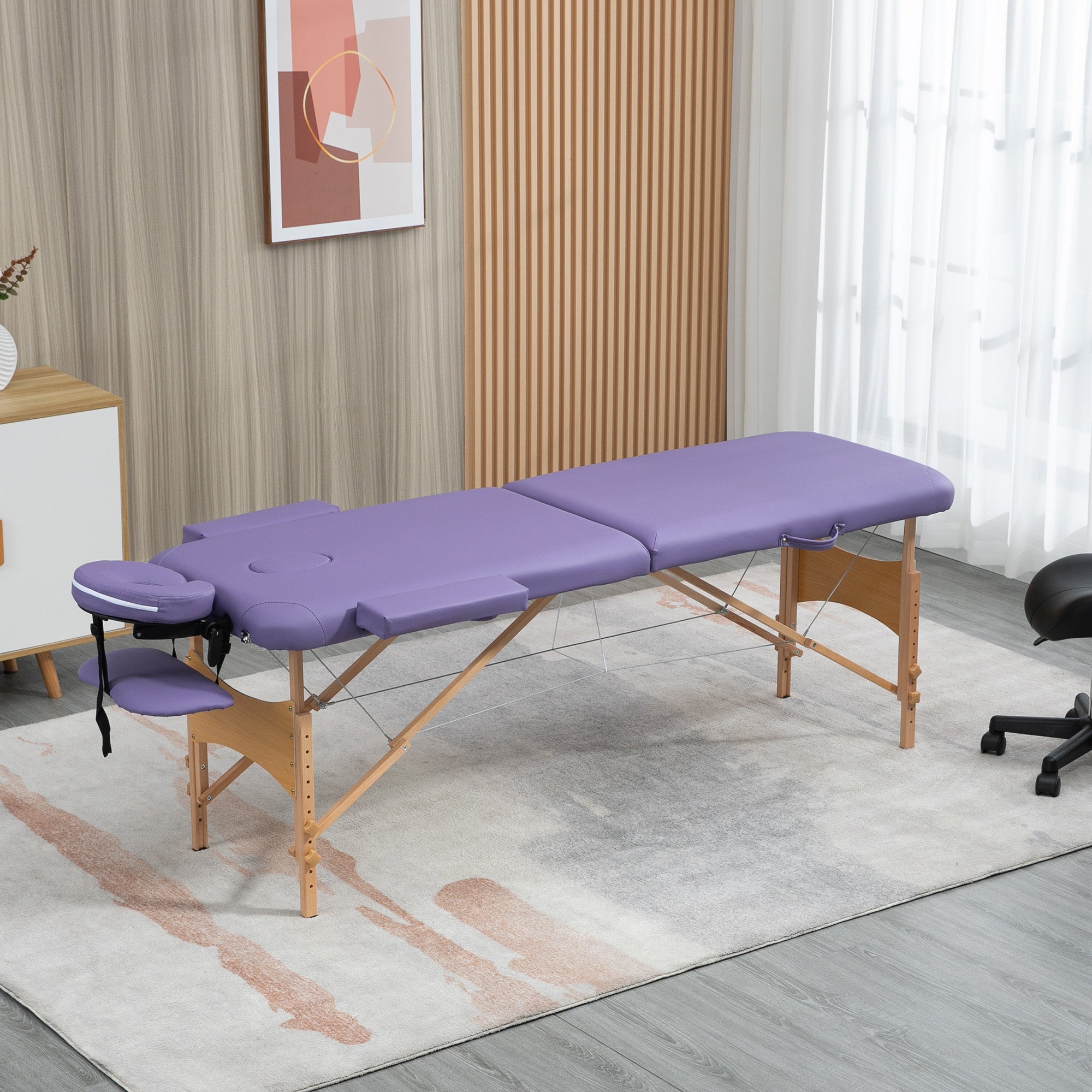 HOMCOM Portable Massage Bed, Folding Spa Beauty Massage Table with 2 Sections, Carry Bag and Wooden Frame, Purple - North Peak Garden Furniture